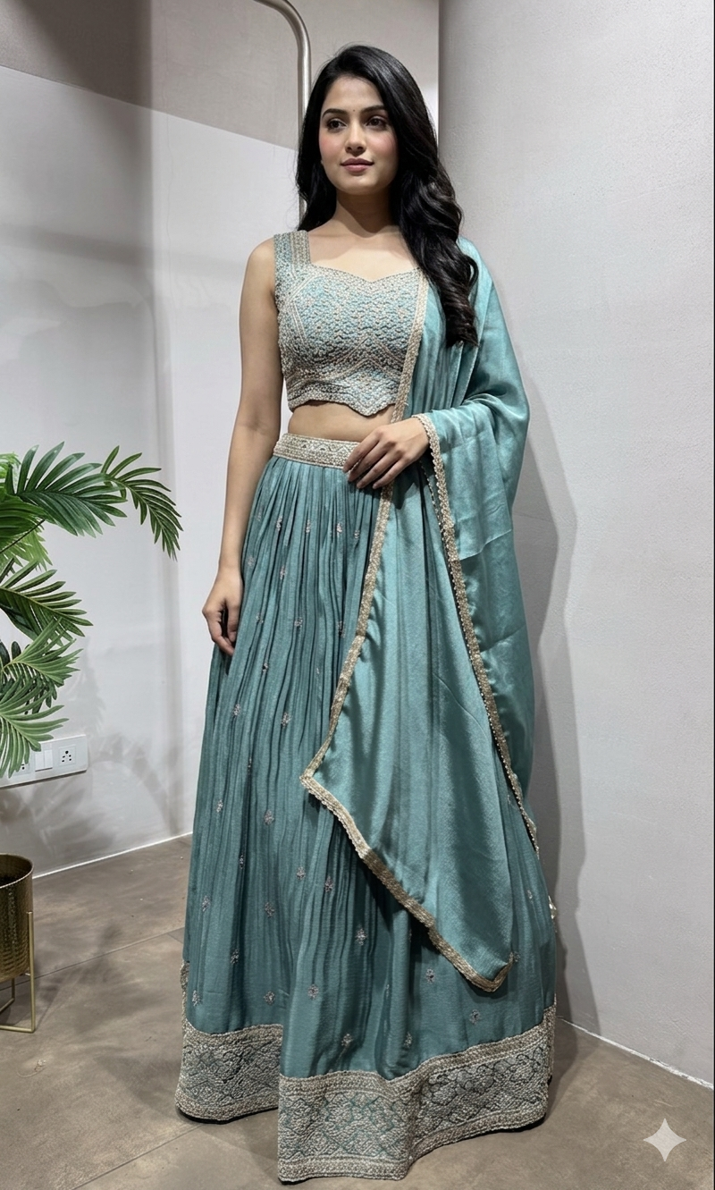 Light Green Embroidered Crop Top Lehenga