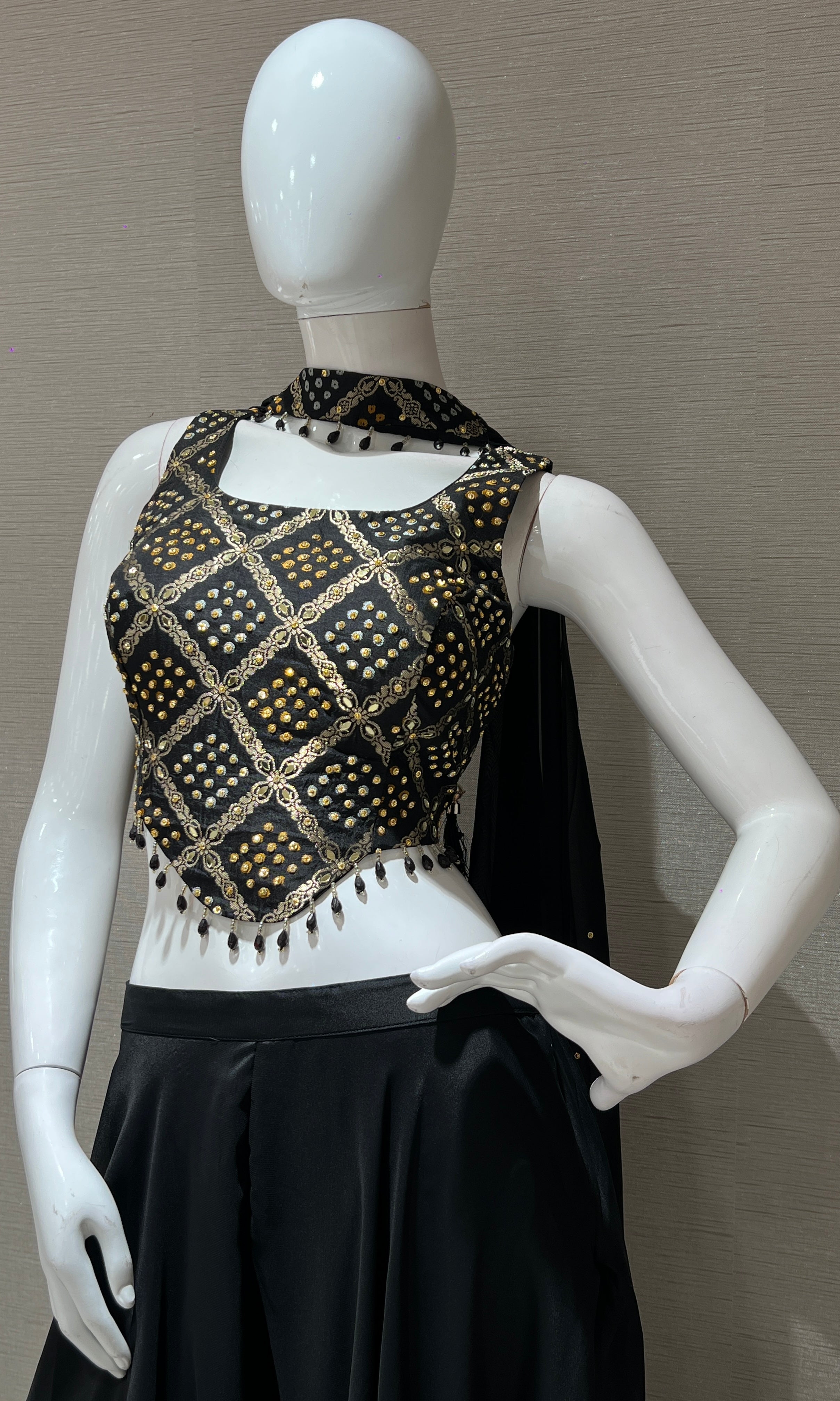 Black and gold palazzo with corset blouse