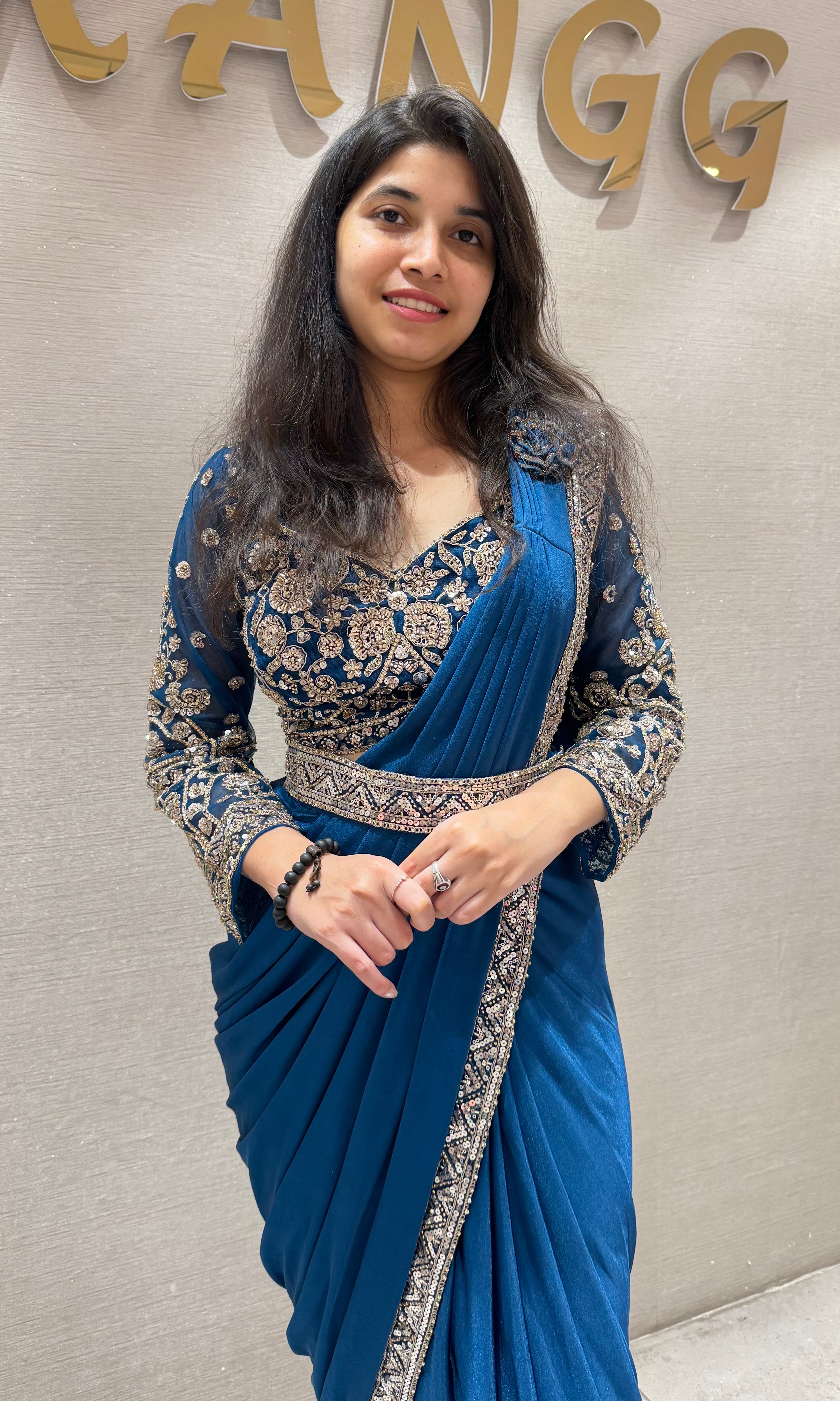 Blue drape saree WITH EMBROIDERED BLOUSE