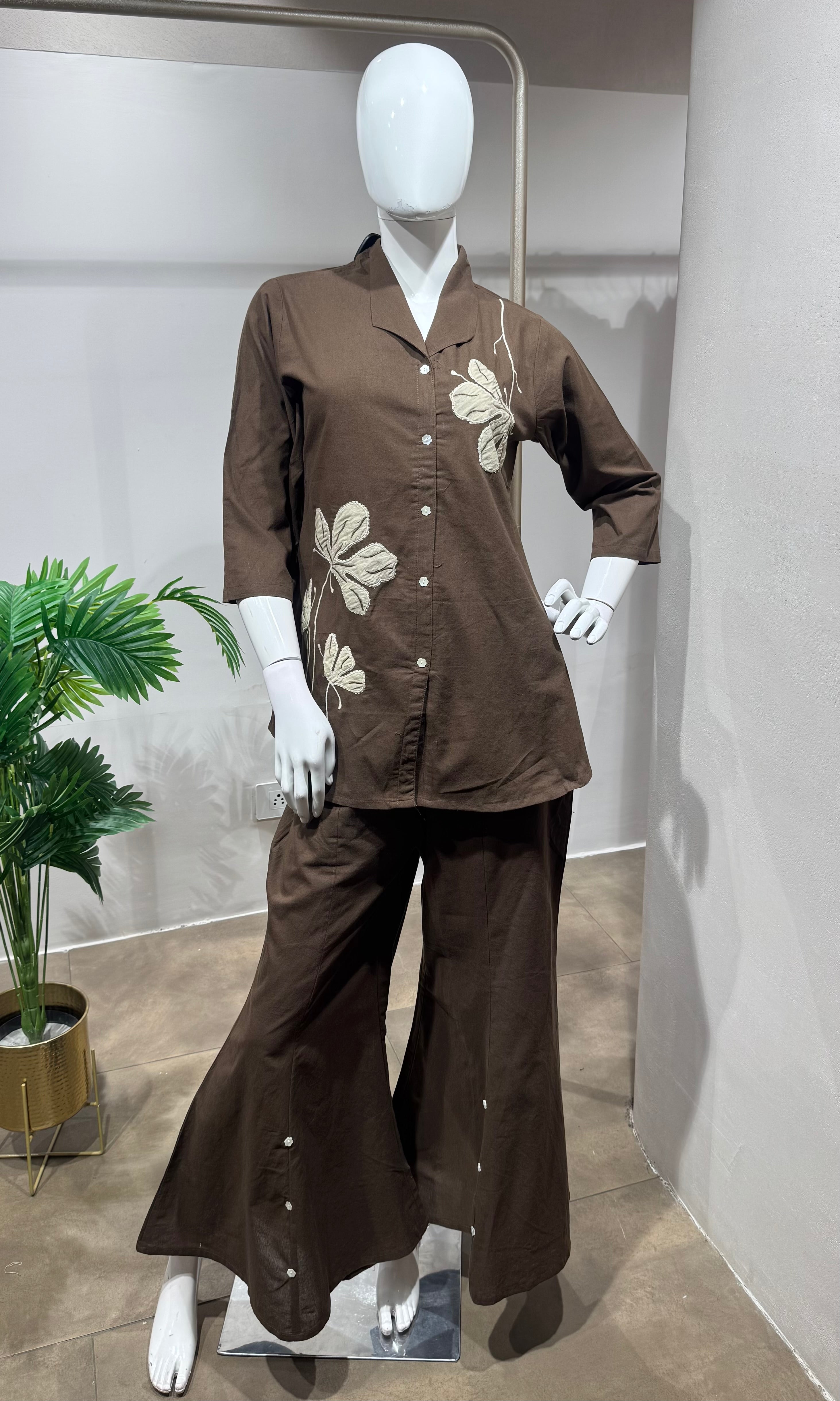 brown linen floral embroidered cord set
