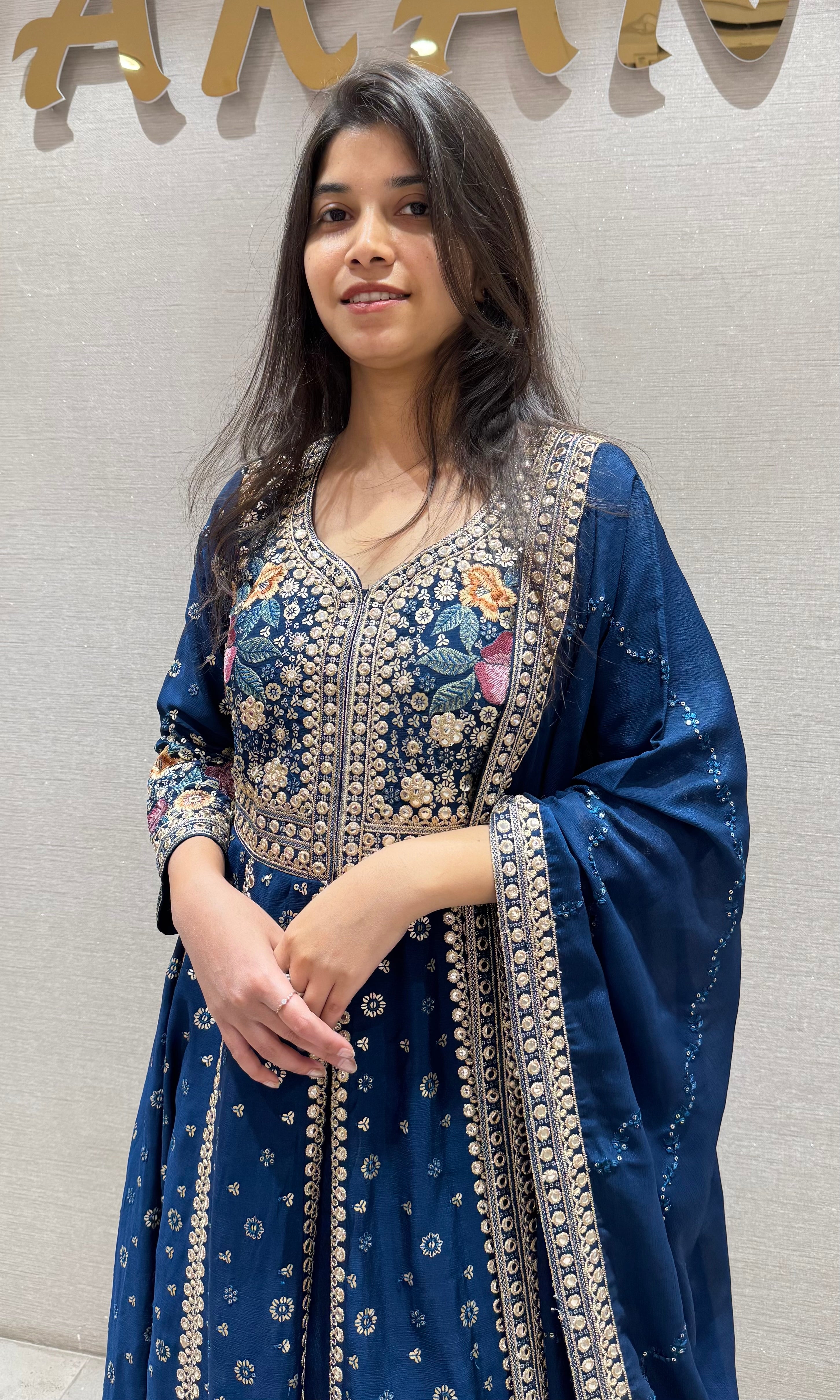 Navy Blue FLORAL Embroidered Anarkali