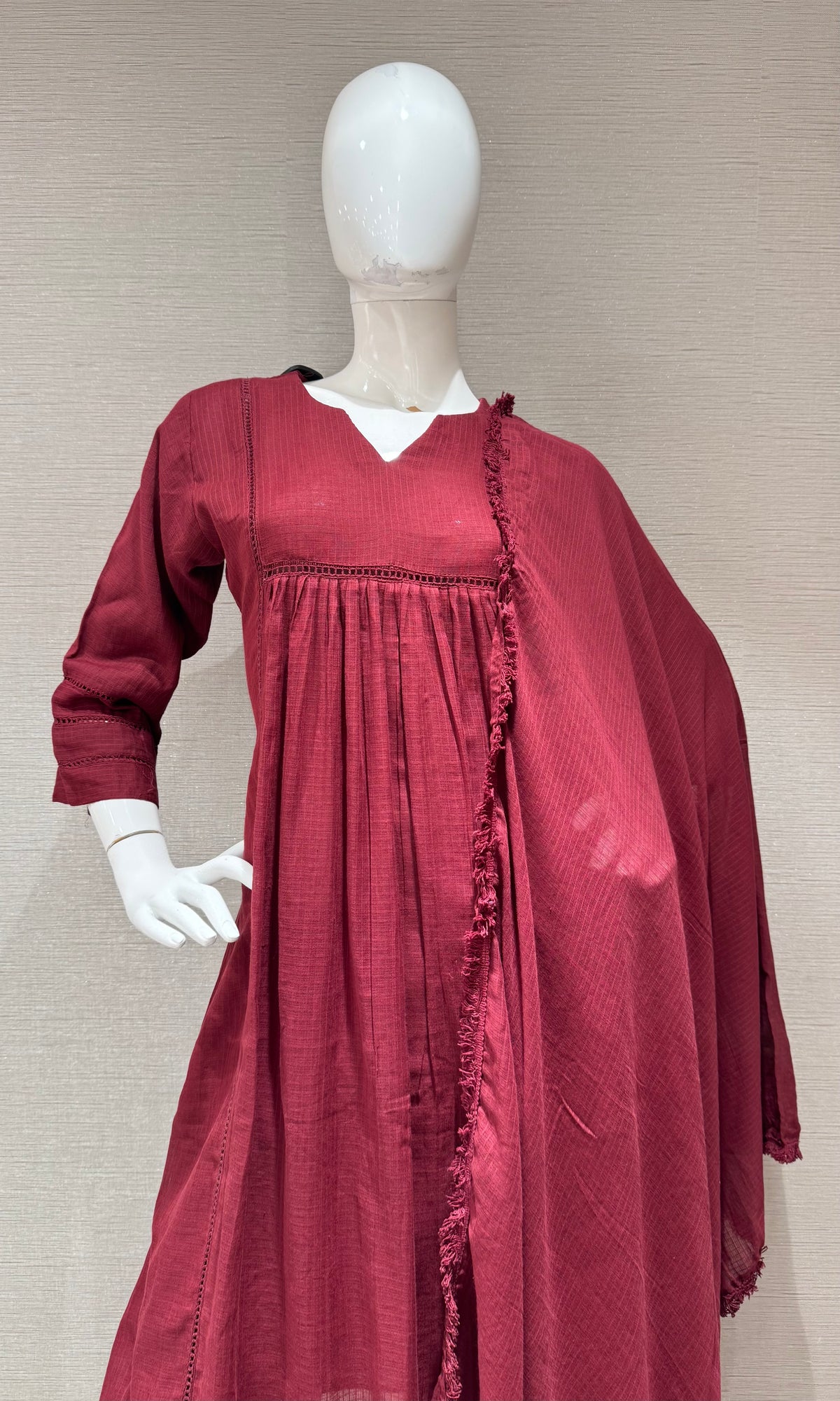 Maroon Mul Chanderi Tunic Kurta set with Dupatta