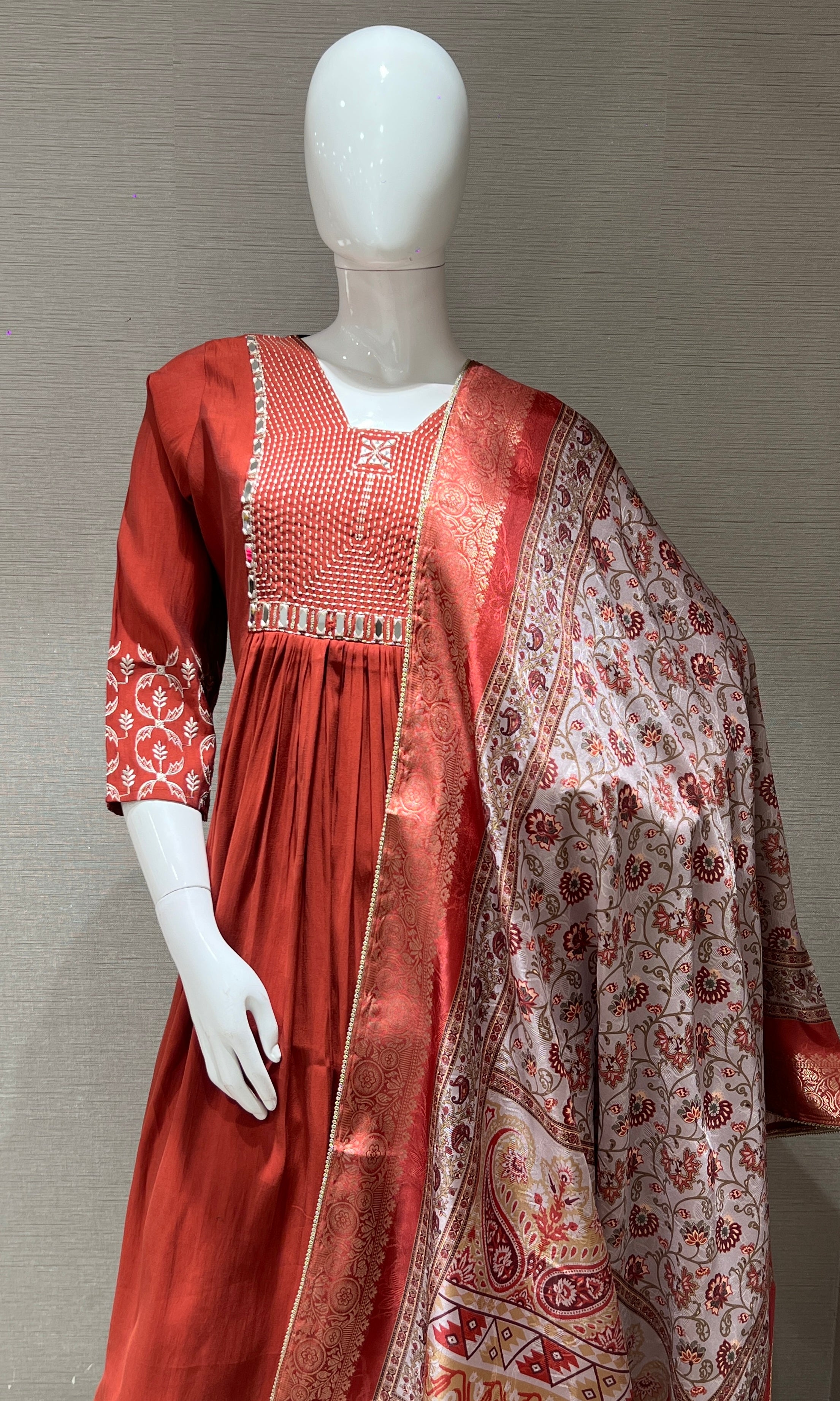 Rust Embroidered Kurta Set with Print Dupatta