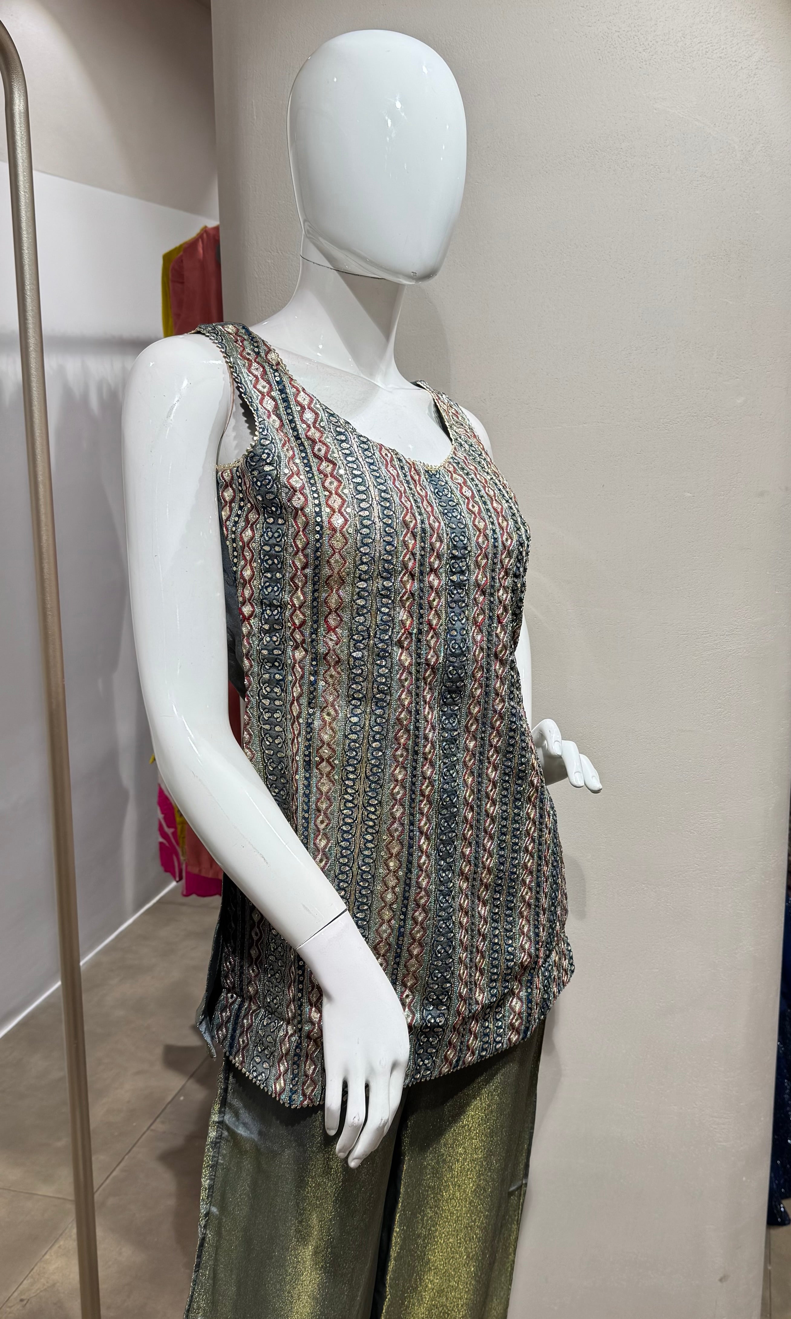 Grey Sleeveless Kurti & Flared Palazzos