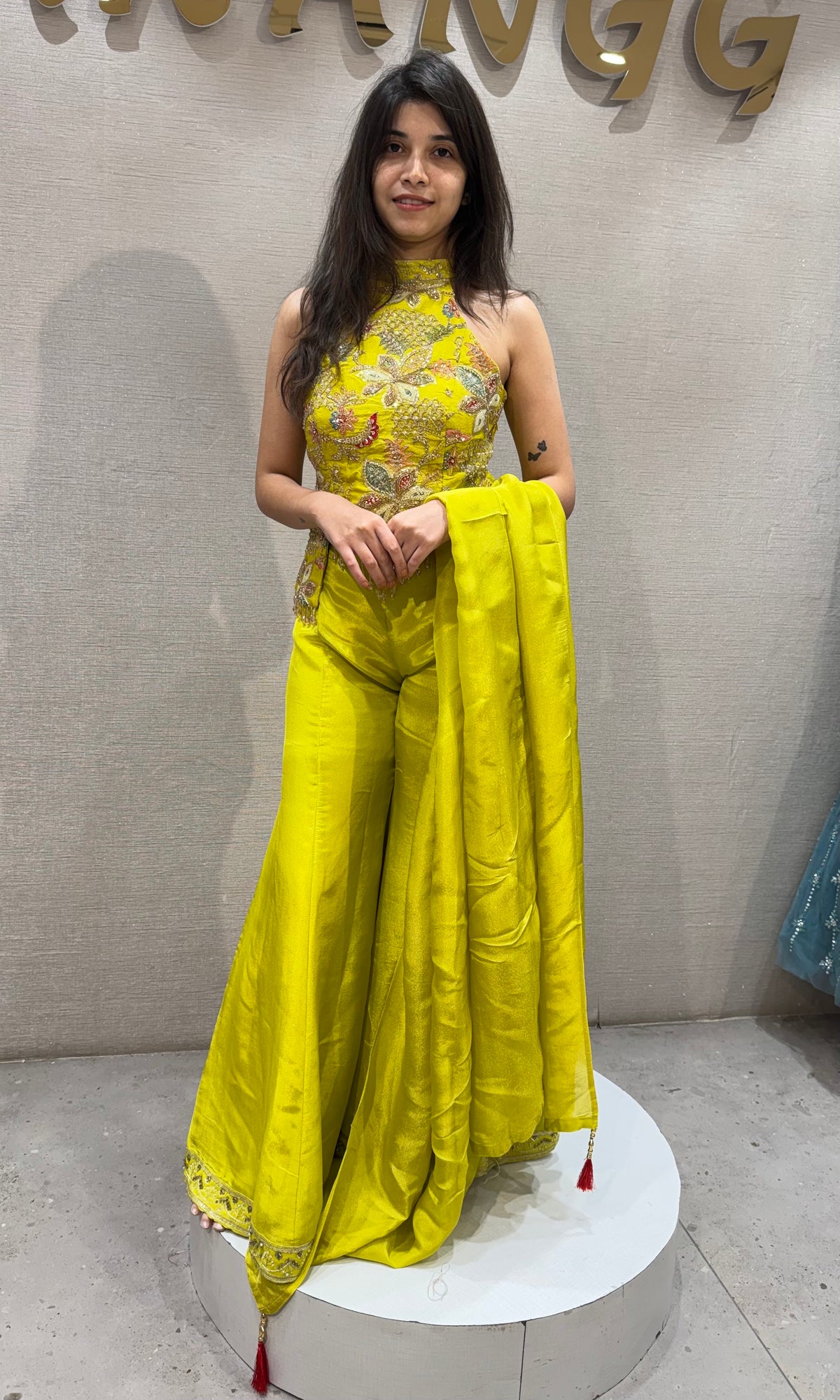 liril yellow silk embroidered halter top palazzo set with dupatta
