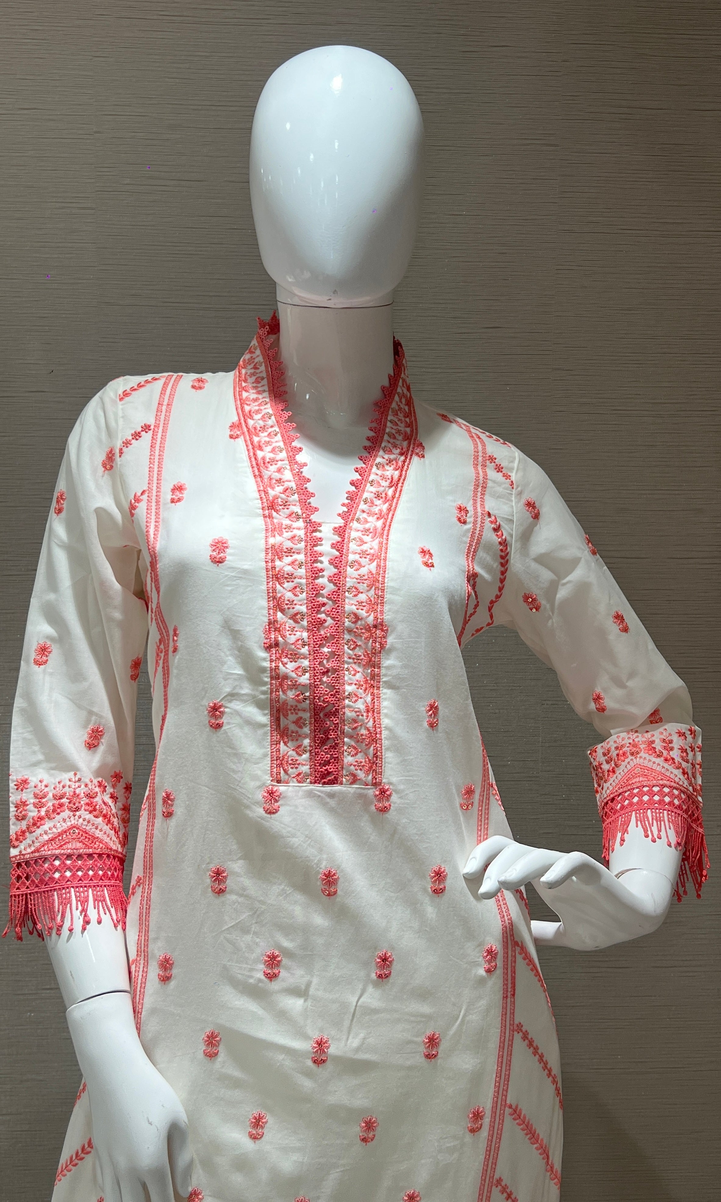 Peach and White Embroidered Kurta Set