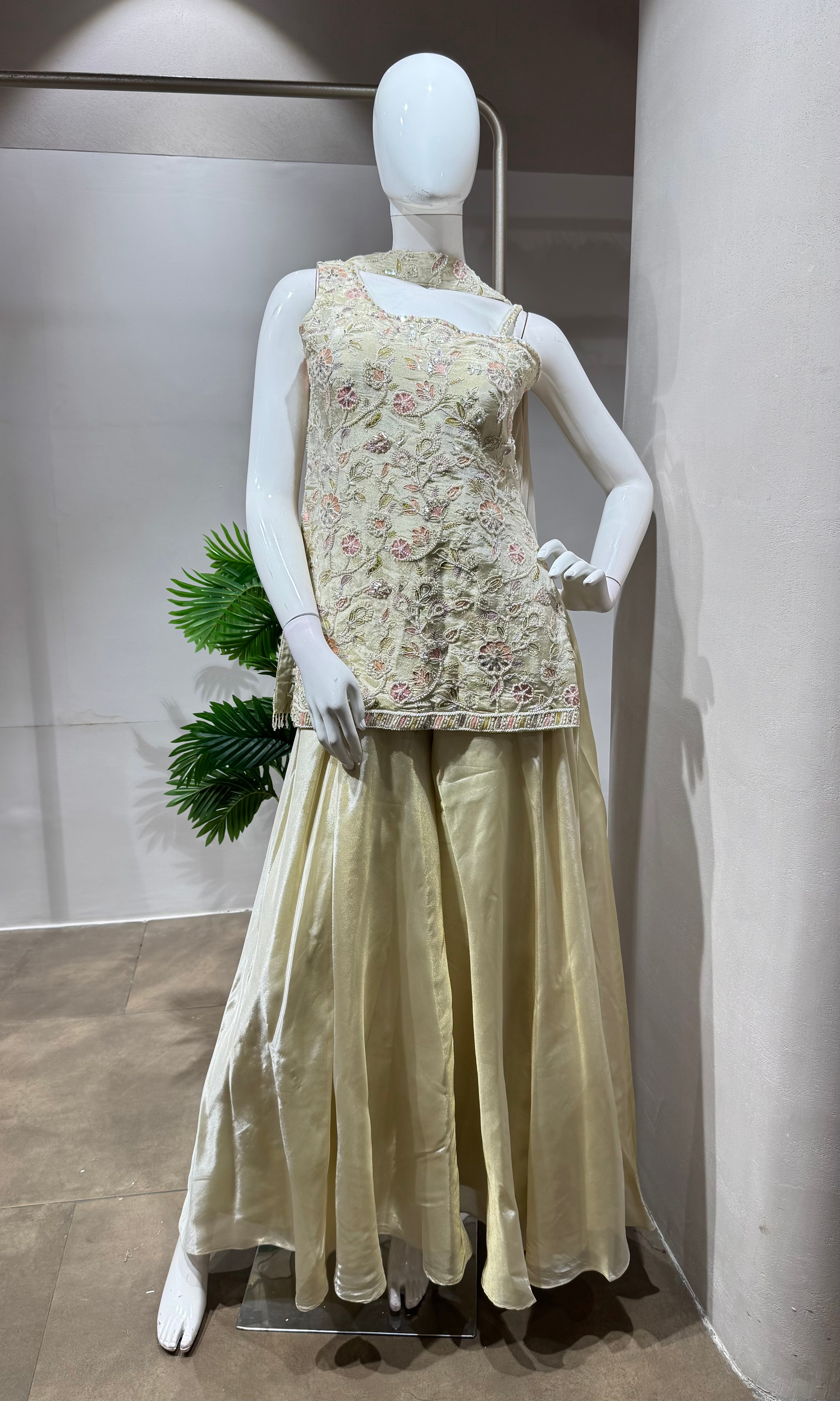HALF WHITE Floral Embroidered Sharara Set