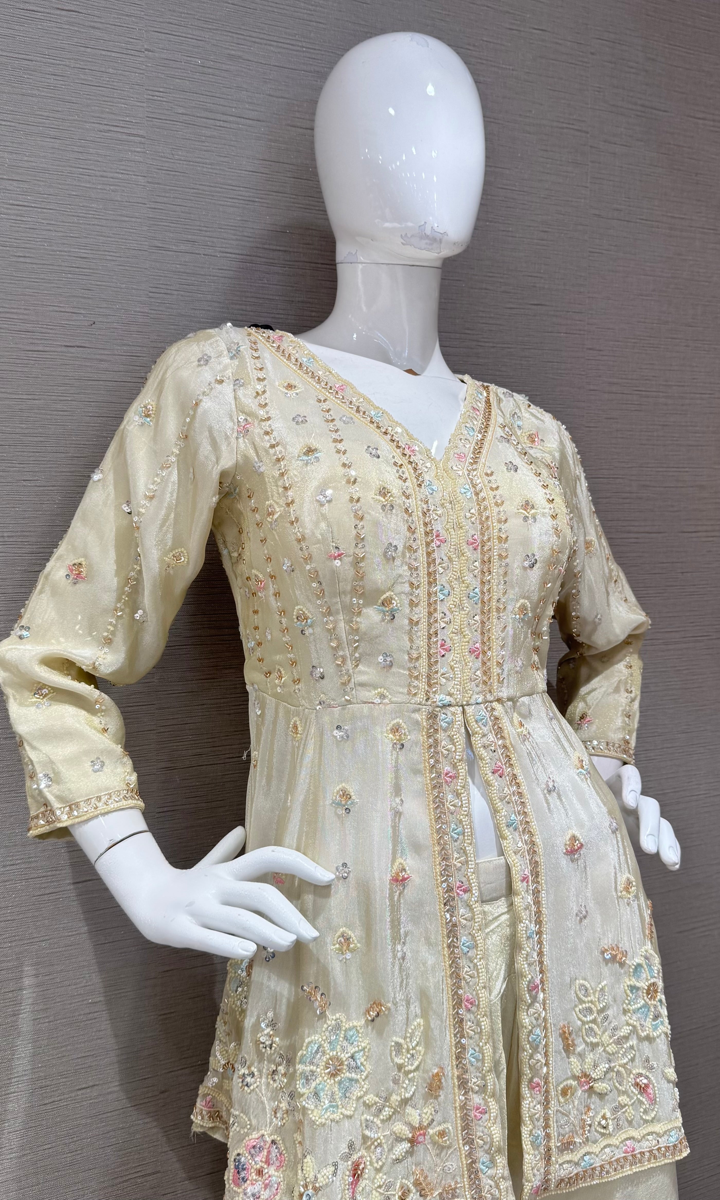 Cream Embroidered Tissue Peplum Palazzo set