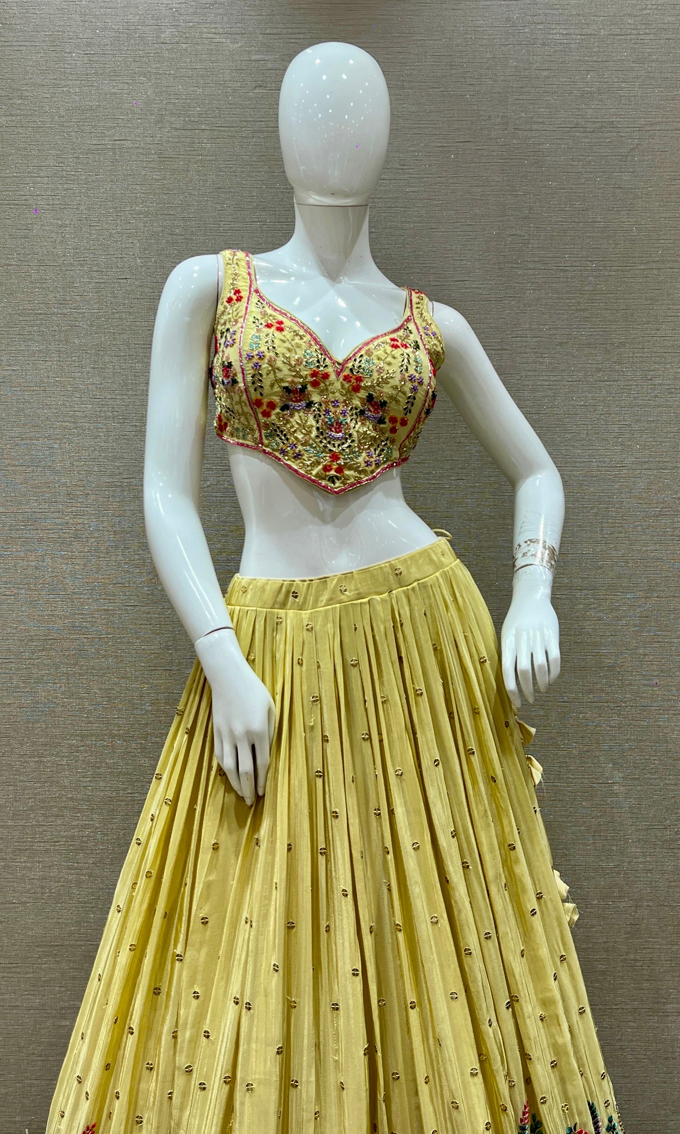 Pastel Butter Yellow Lehenga with Multicolor Floral Embroidery