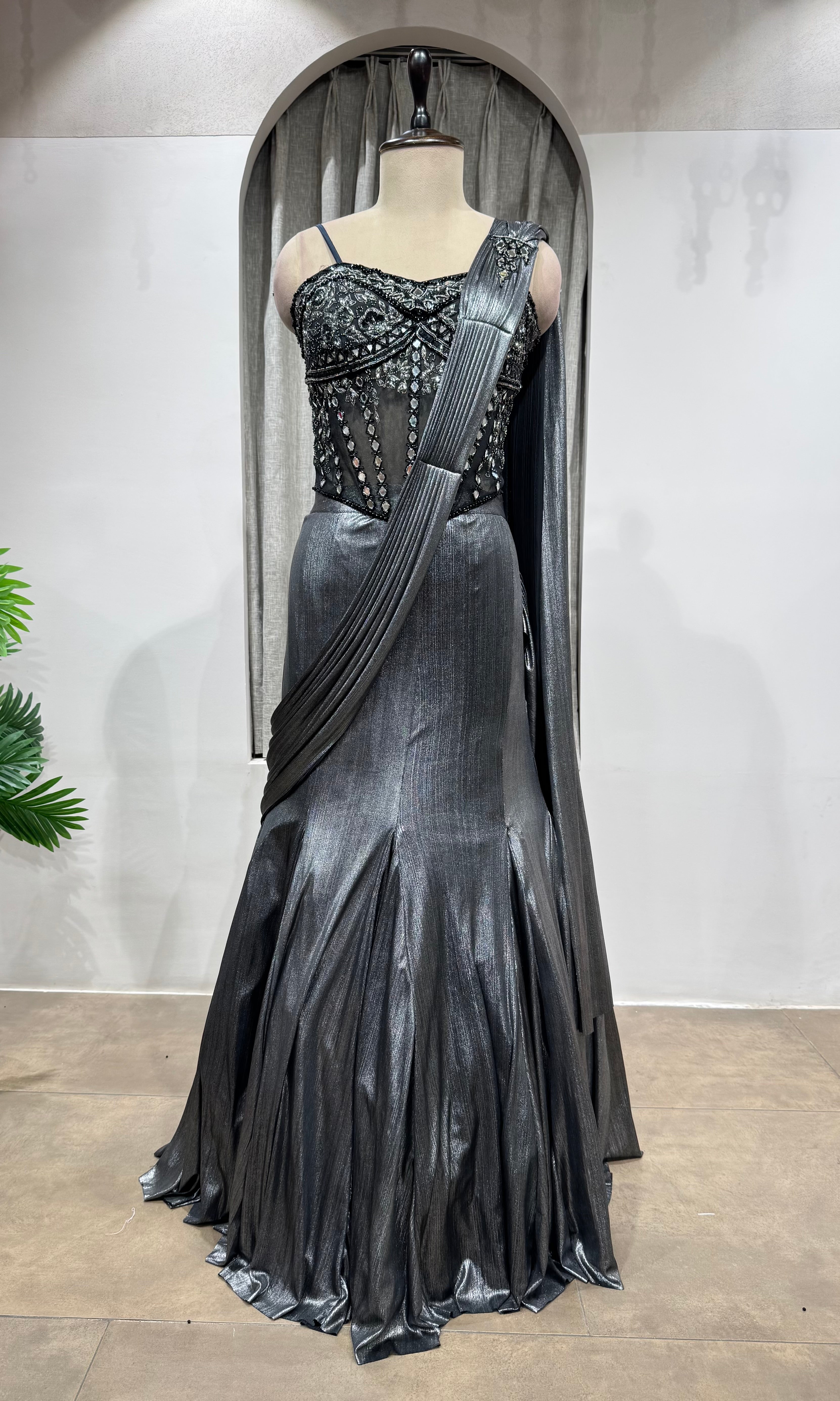 BLACK Gunmetal Shimmer Mermaid Lehenga