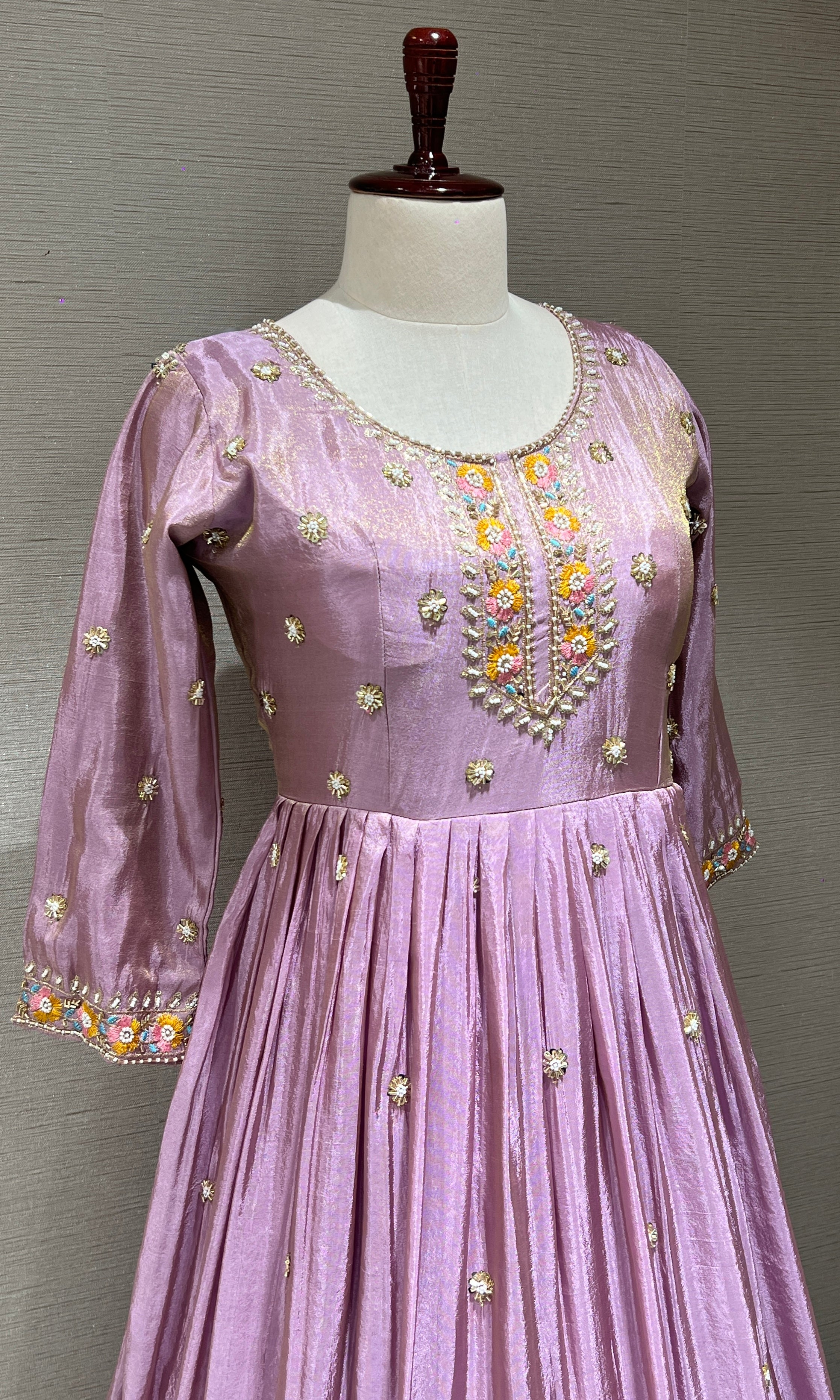 Lilac Anarkali Long Gown with Floral Embroidery and Dupatta
