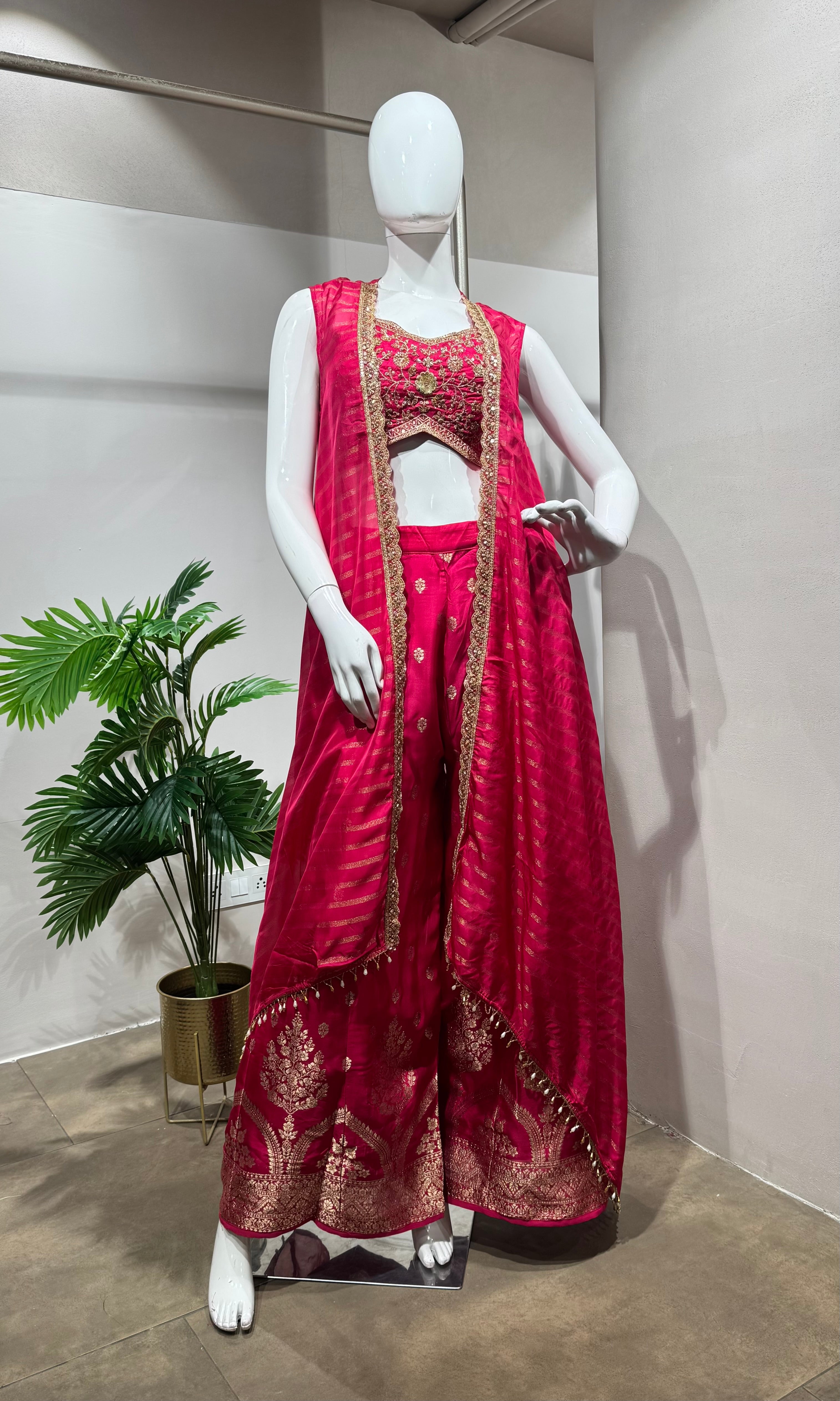 Pink Embroidered Palazzo with Shrug