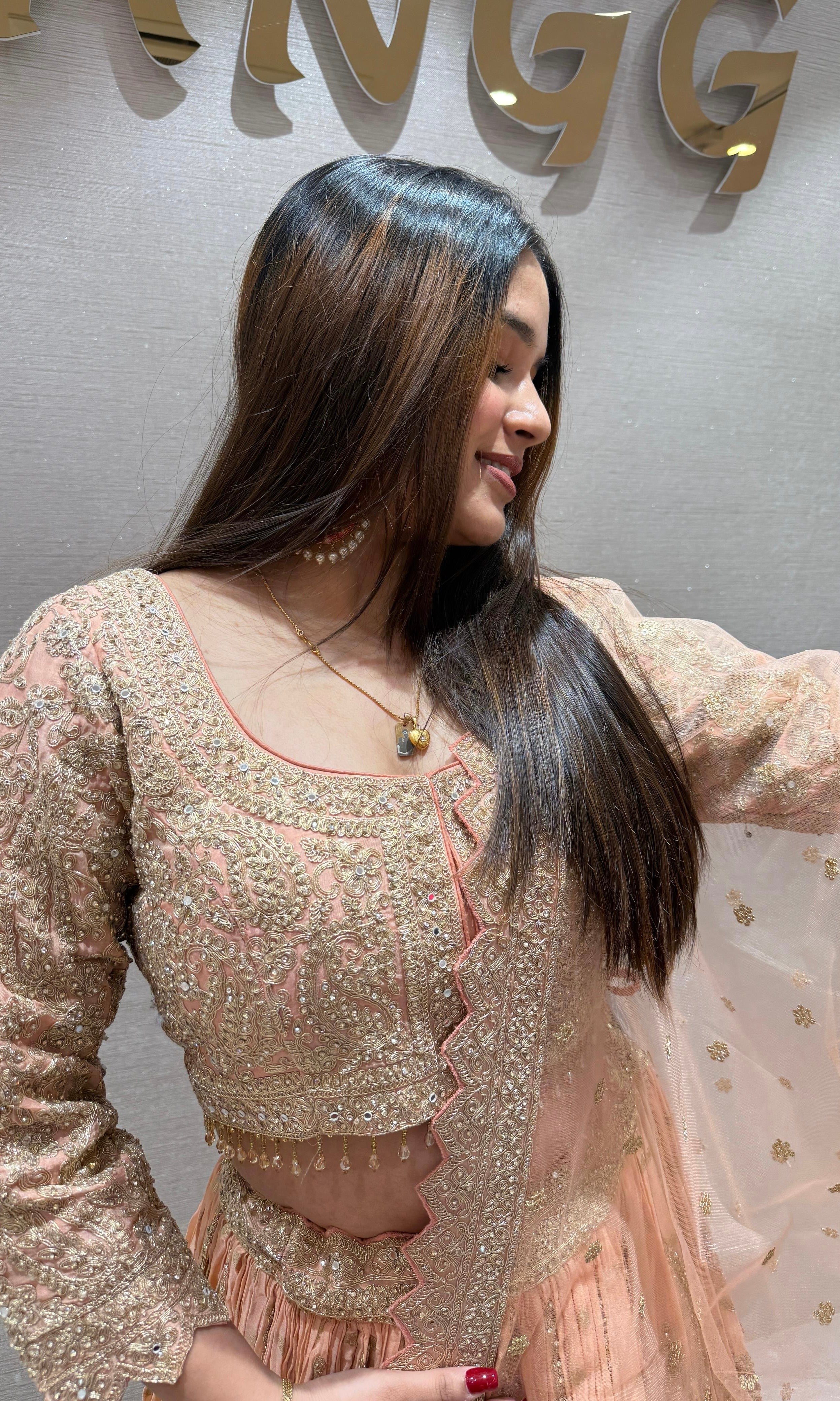 Golden Peach crushed silk Lehenga
