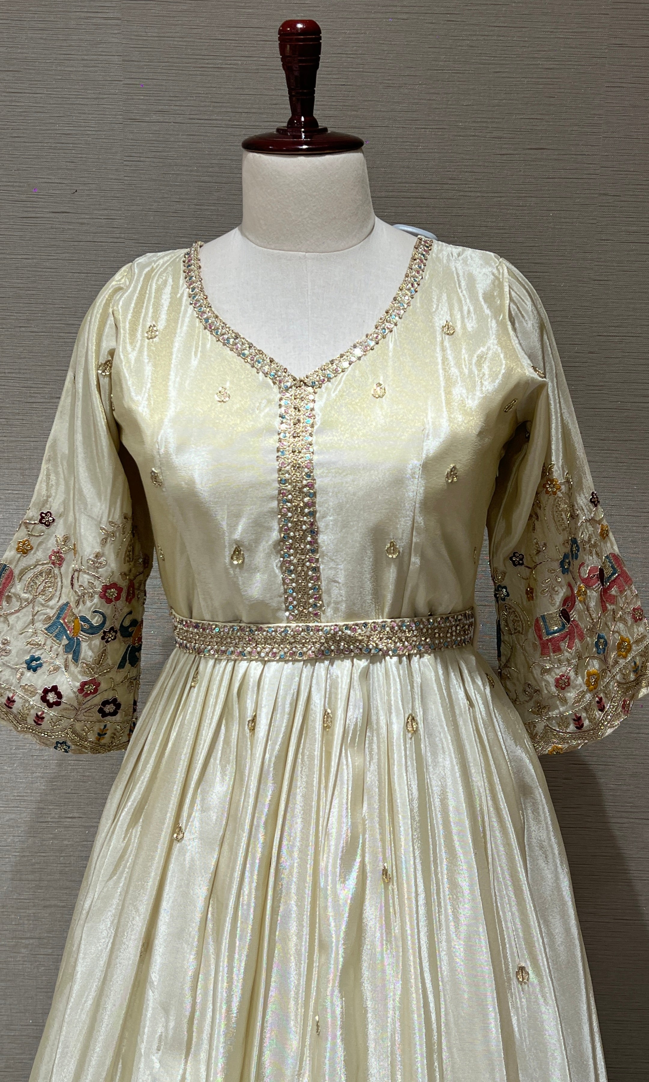 Elegant Cream Anarkali Long Gown with Floral Embroidery