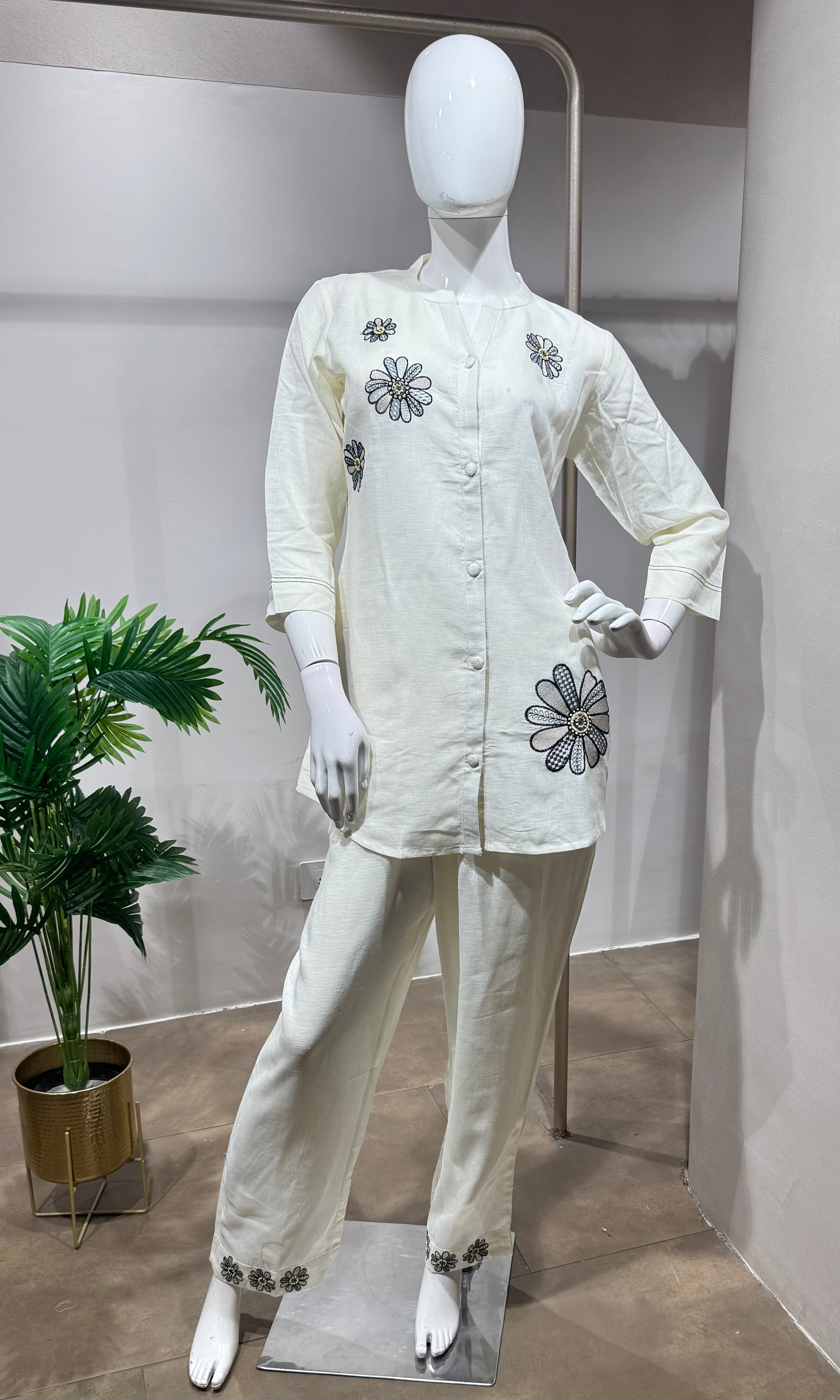 Cream Floral Embroidered Cord Set