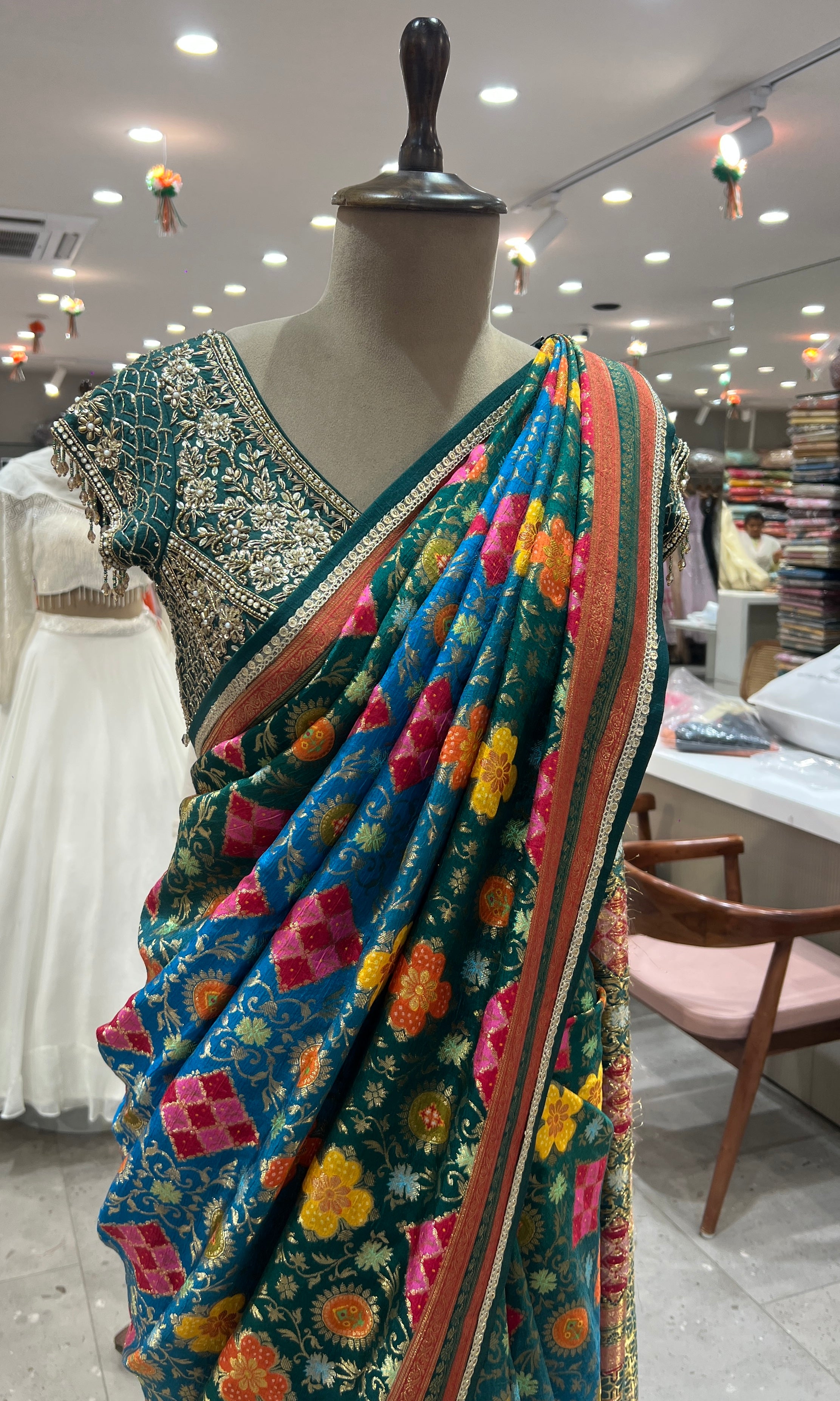 emrald Green banarasi designer saree with ready blouse