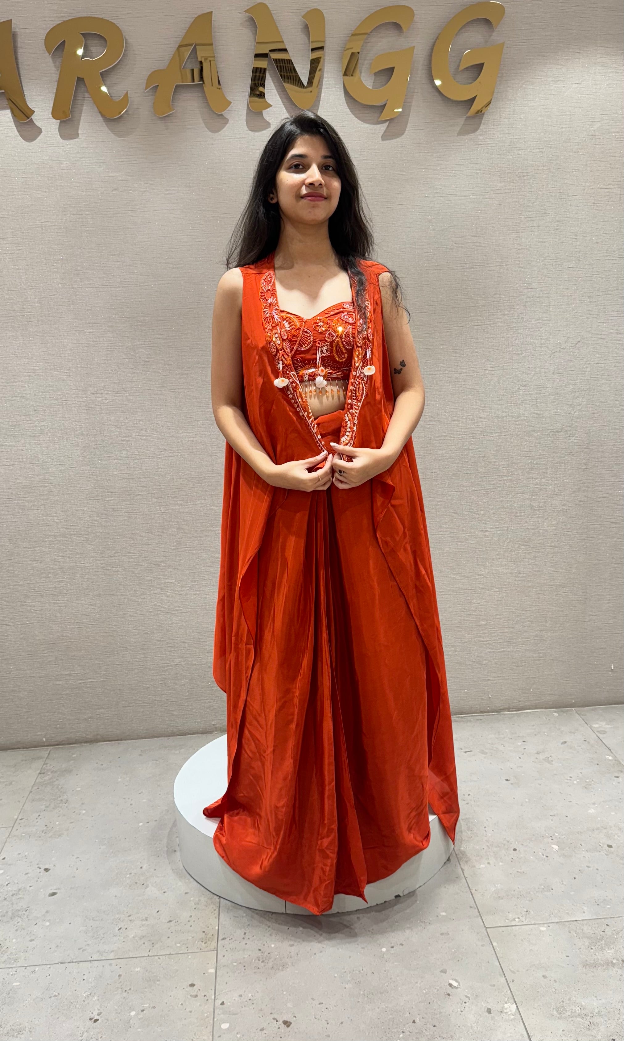 ORANGE SKIRT WITH CORSET BLOUSE AND CAPE