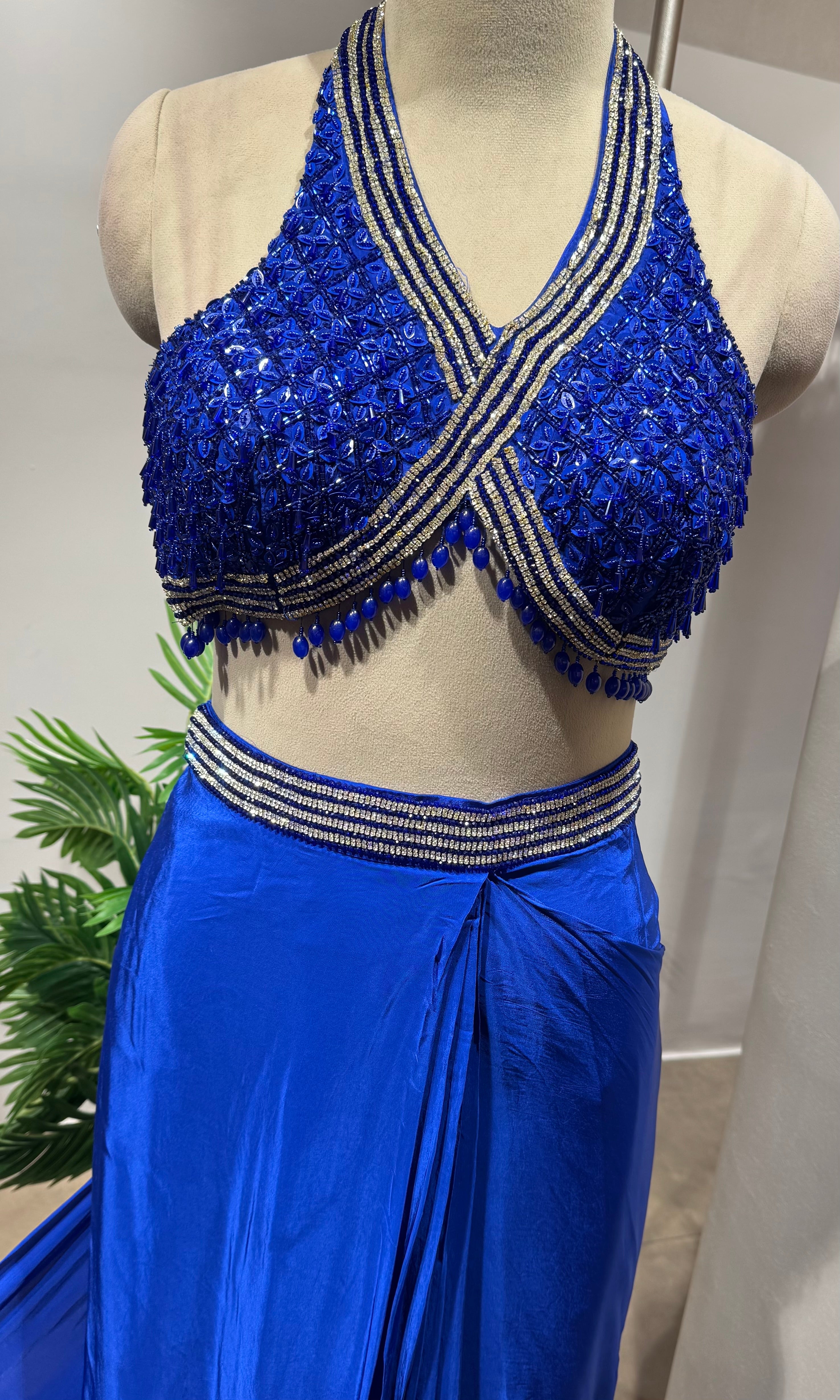Blue Draped Saree with Sequin Embroidered Blouse
