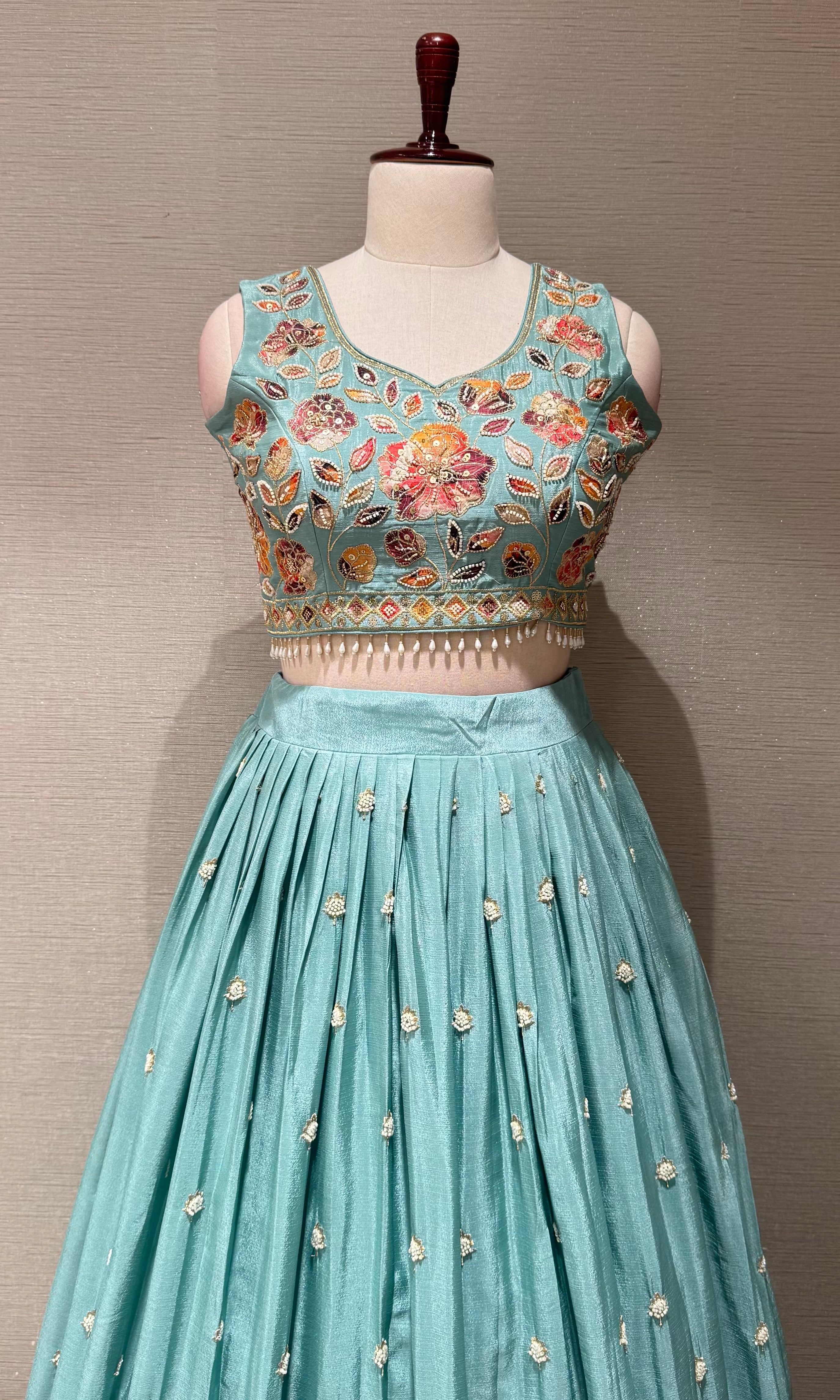 Sea blue Tissue silk Multi Floral Crop Top Lehenga set