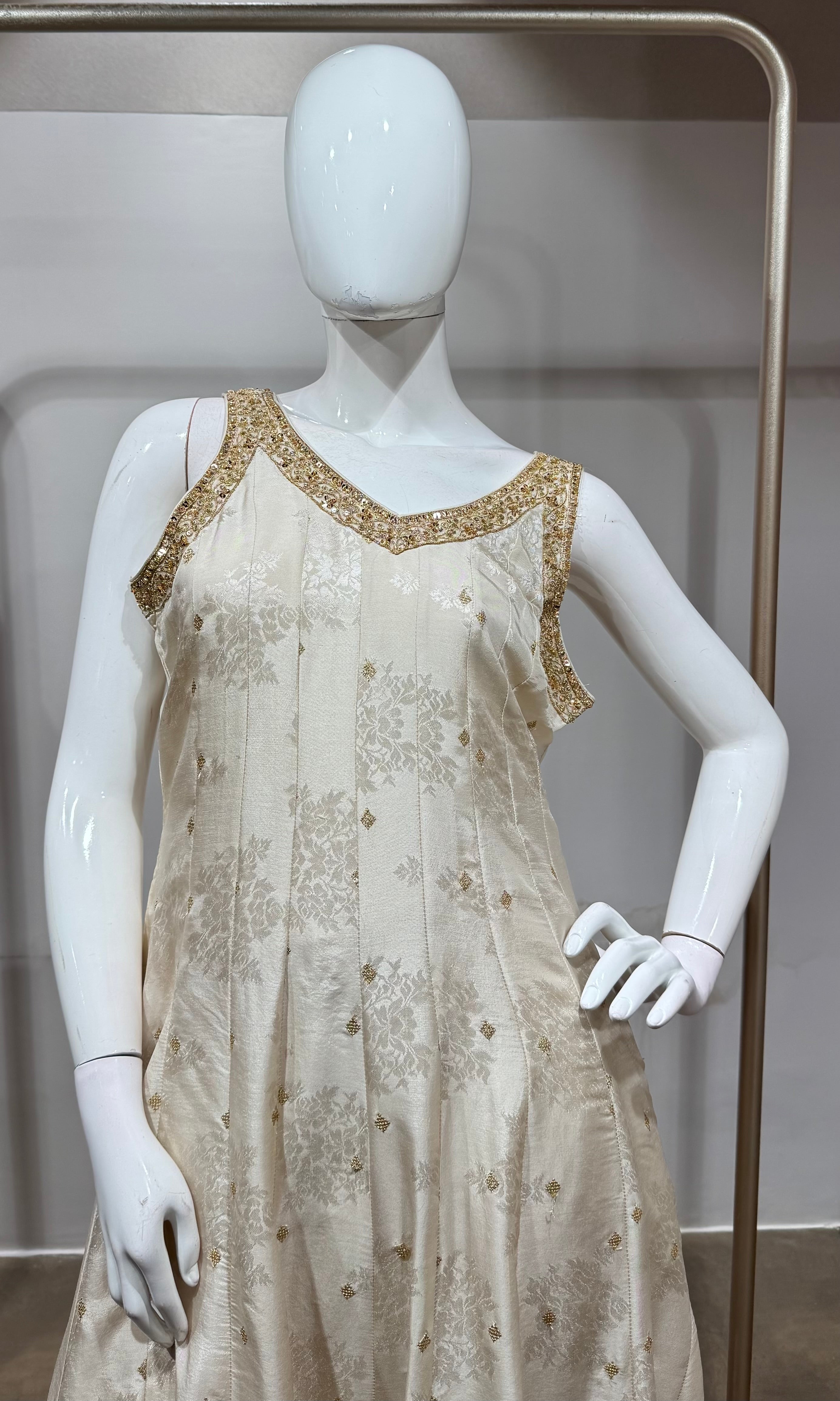 Cream Golden Anarkali with Contrast Dupatta