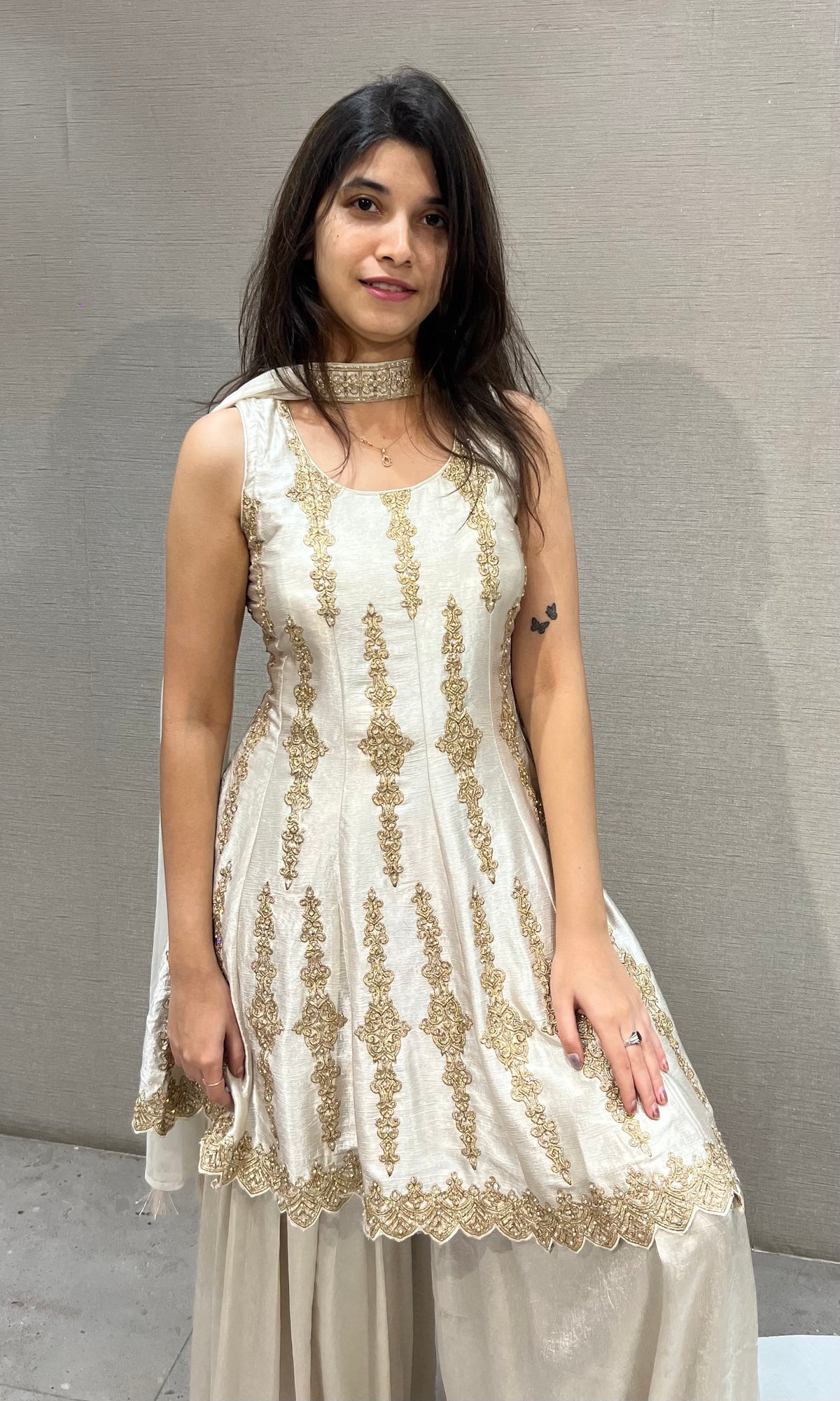Cream and Gold Satin Embroidered Palazzo Set