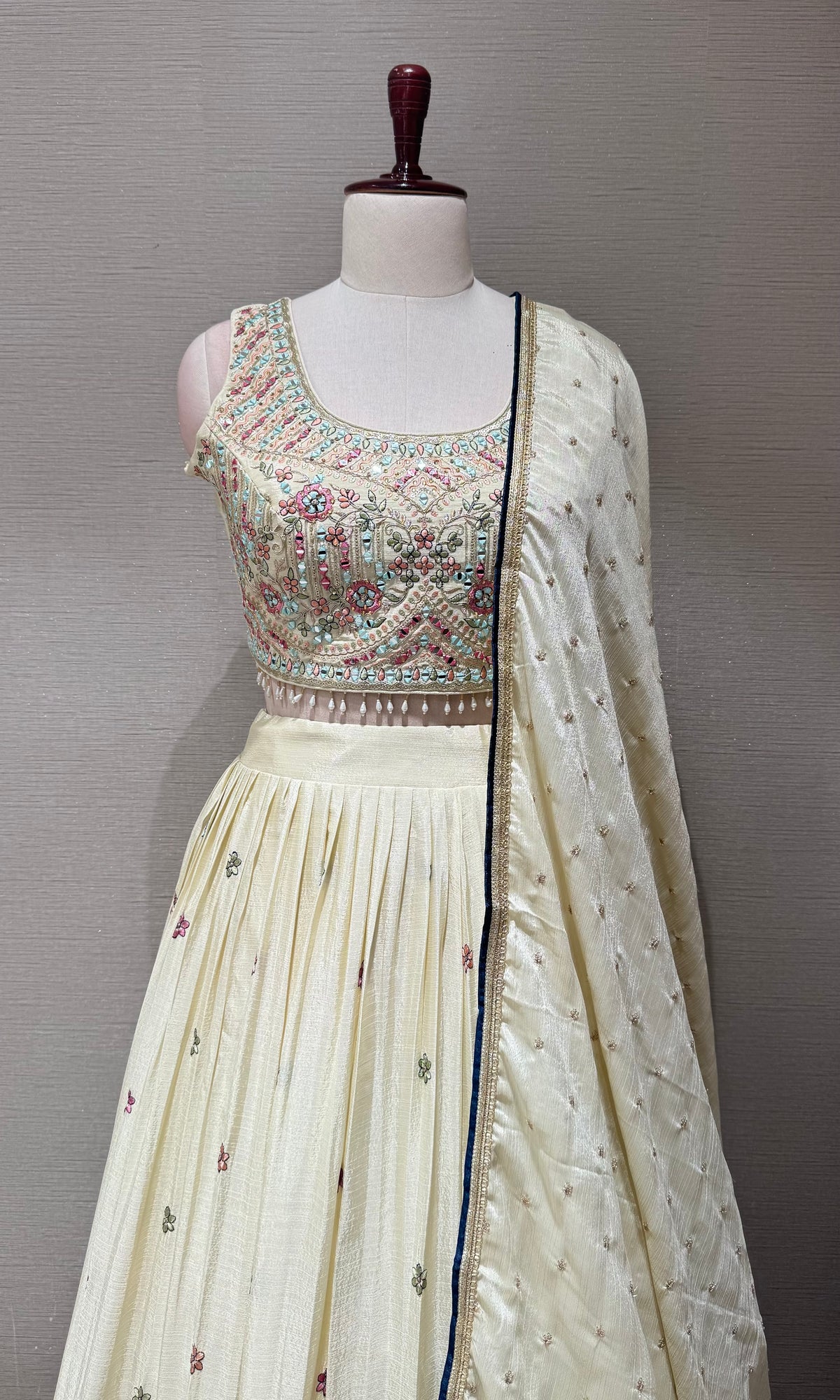 Cream tissue silk Lehenga Set with Intricate Floral Embroidery