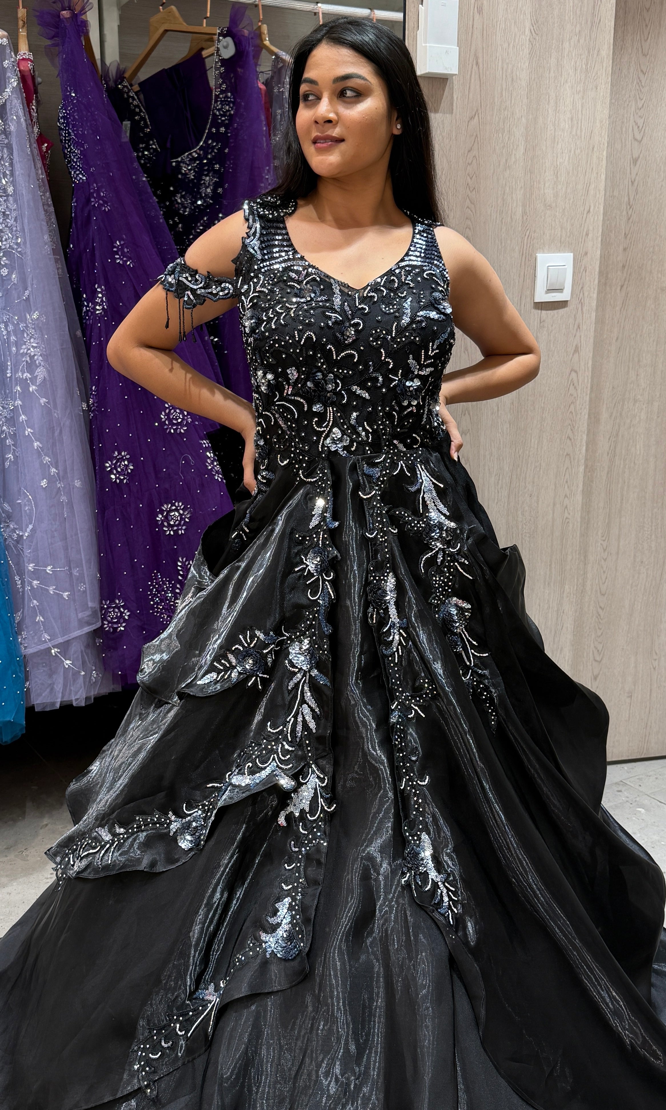 Black long dress,frock with full designer work