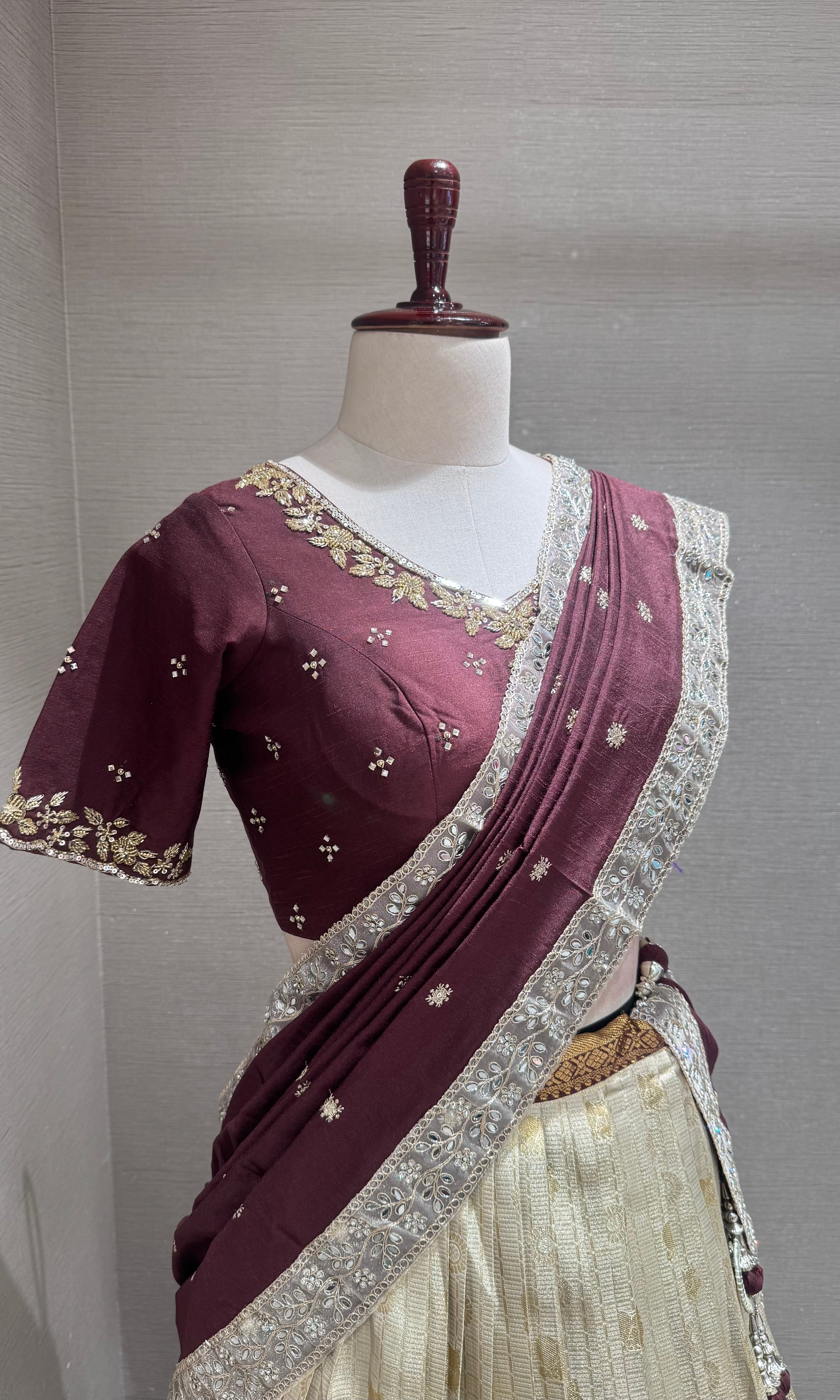 Brown and gold banarasi pattu lehenga with embroidered blouse