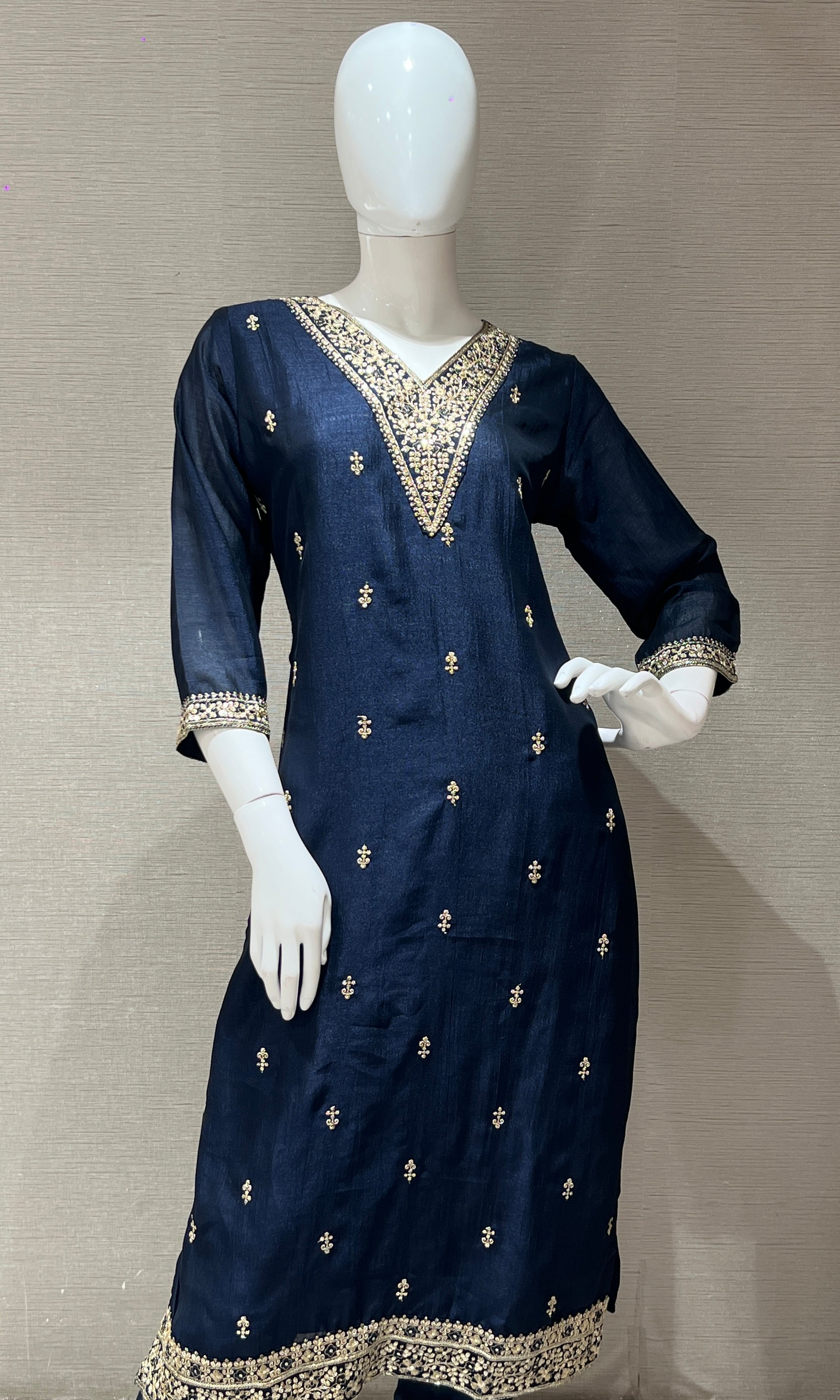 Navy blue kurta set with contrast gold duppatta