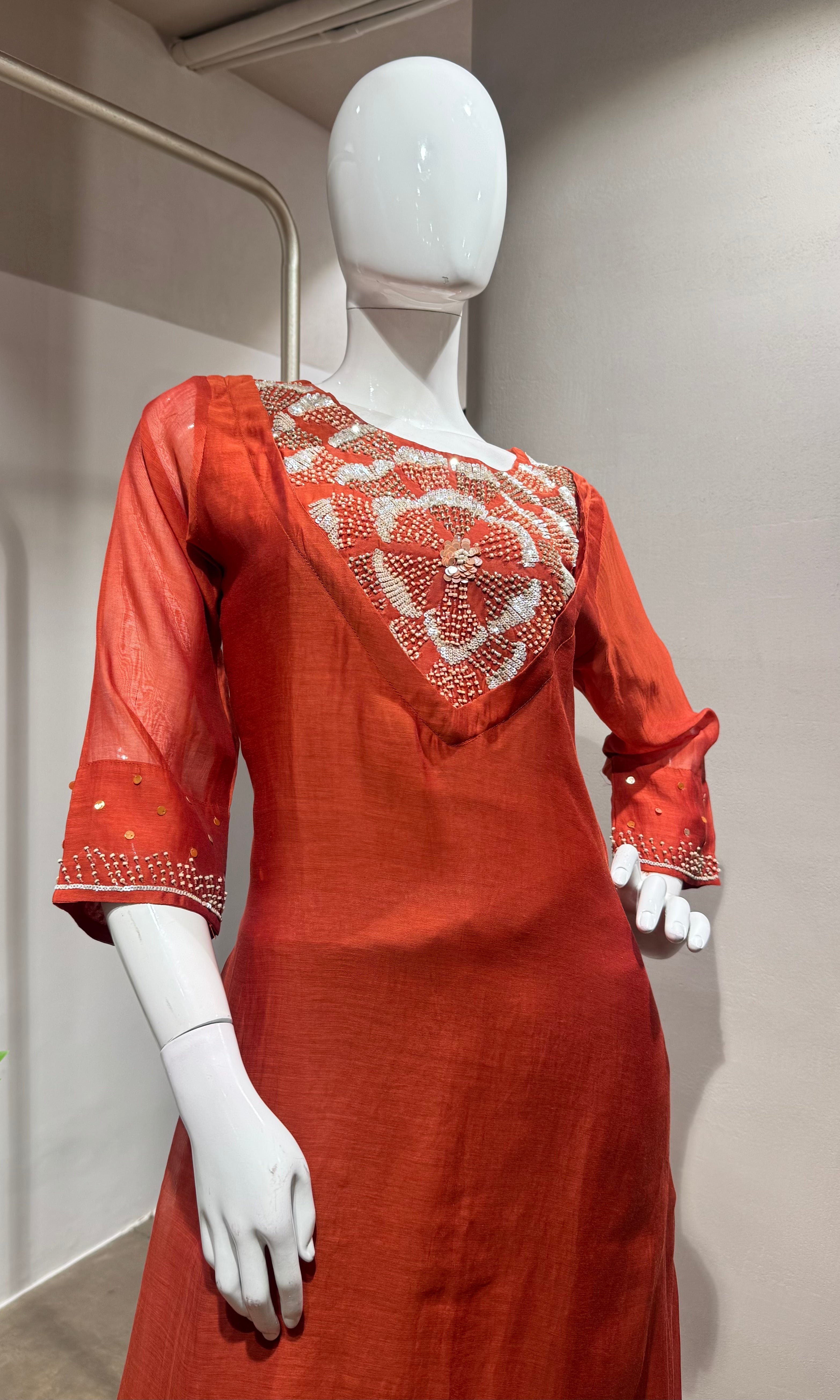 Rust Orange Mul Chanderi Kurta Set