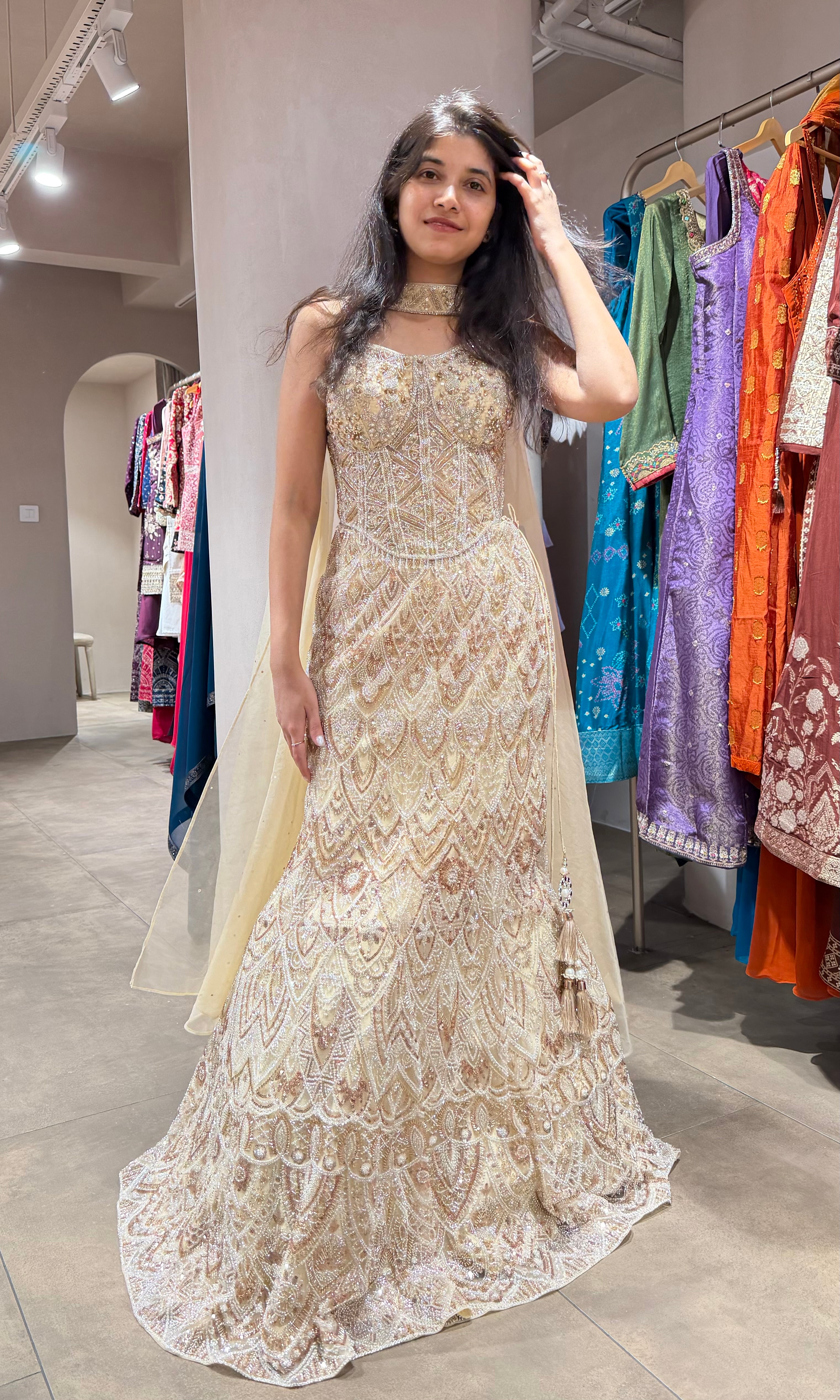 Cream EMBROIDERED LEHENGA WITH CORSET BLOUSE