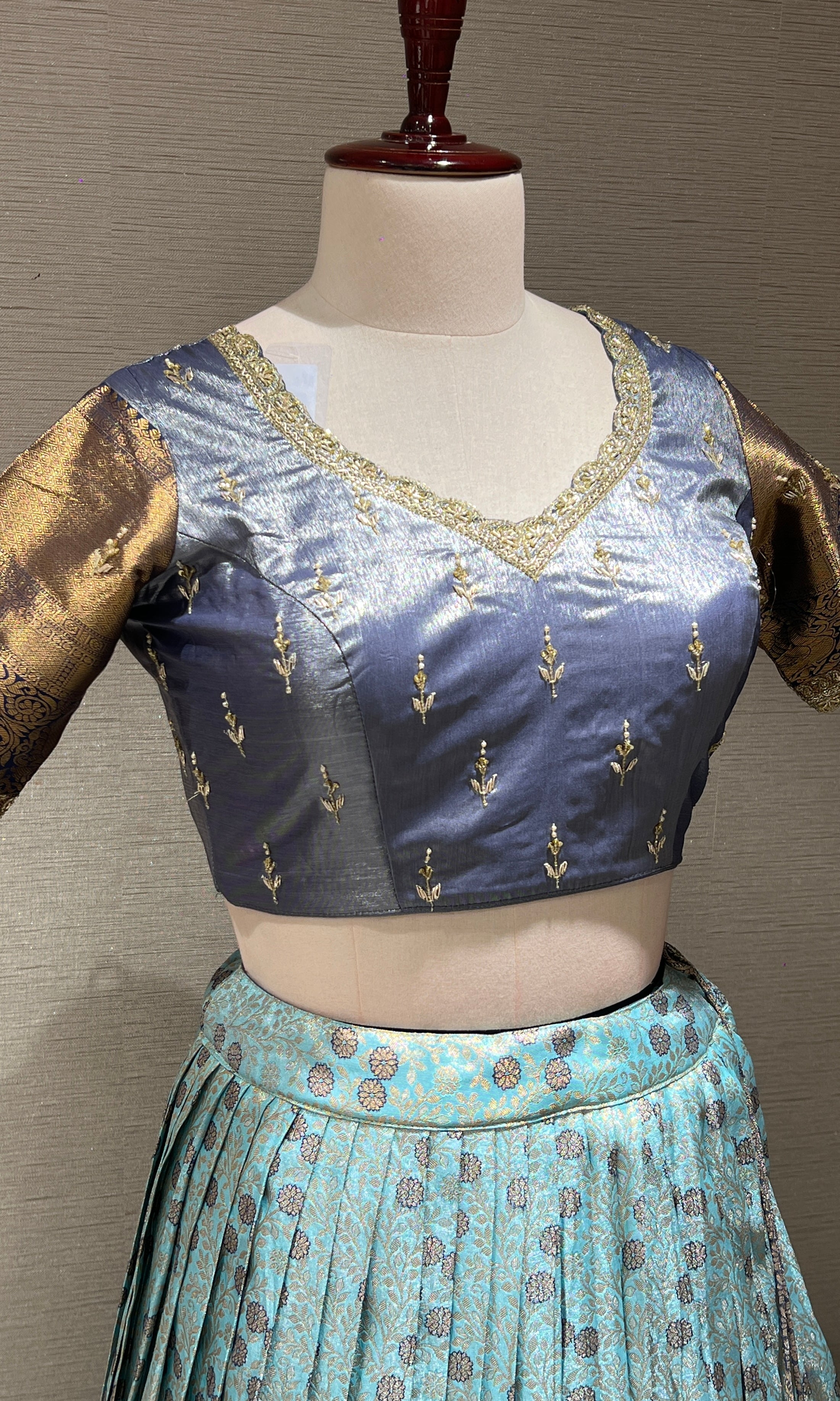 SEA BLUE Lehenga with AQUA Floral Weave