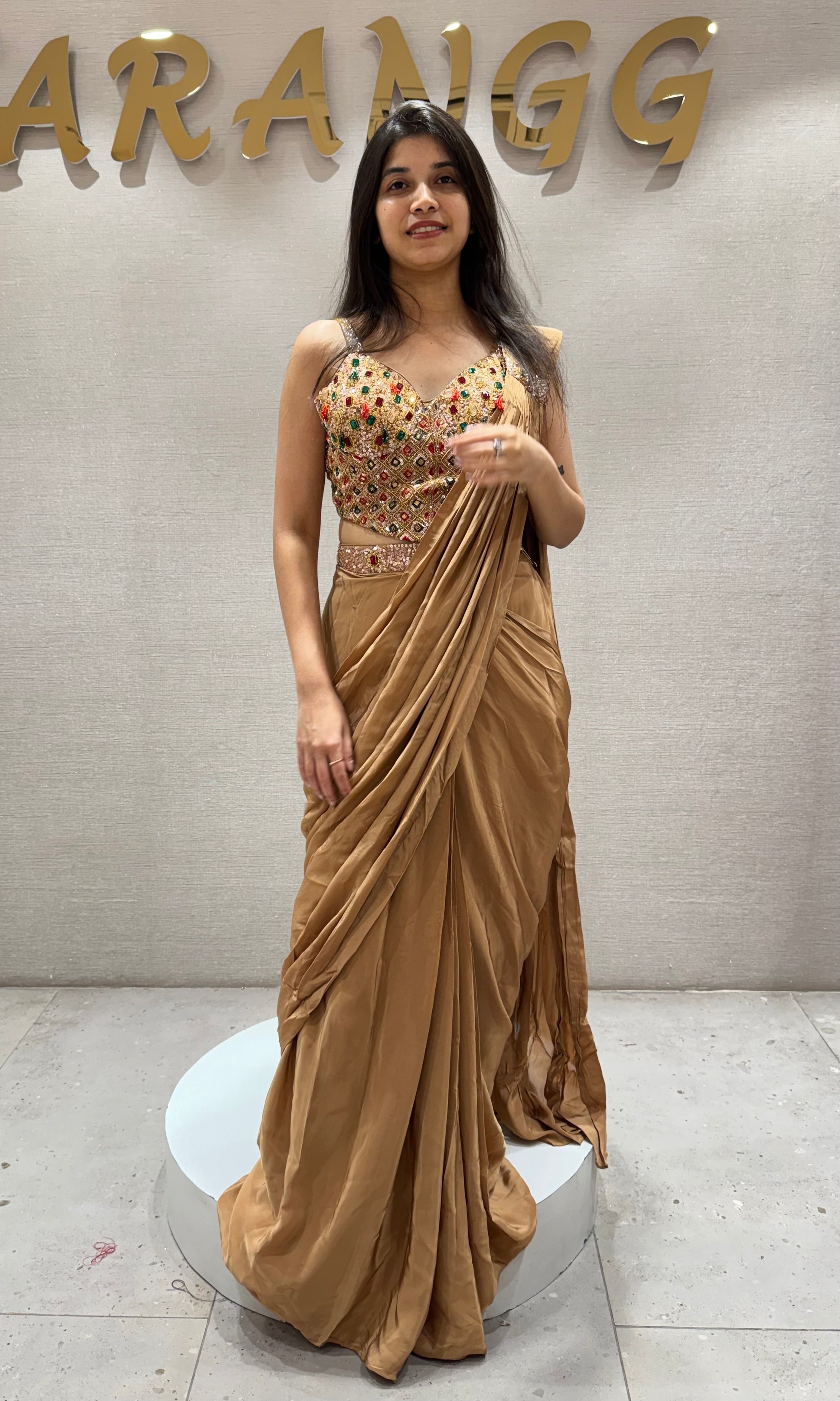 LIGHT BROWN Satin Silk Draped saree