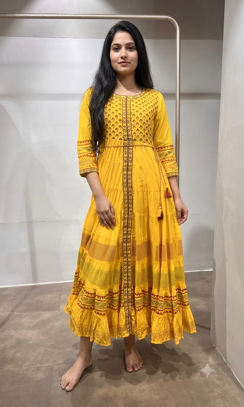 yellow ethnic printed cotton Frock