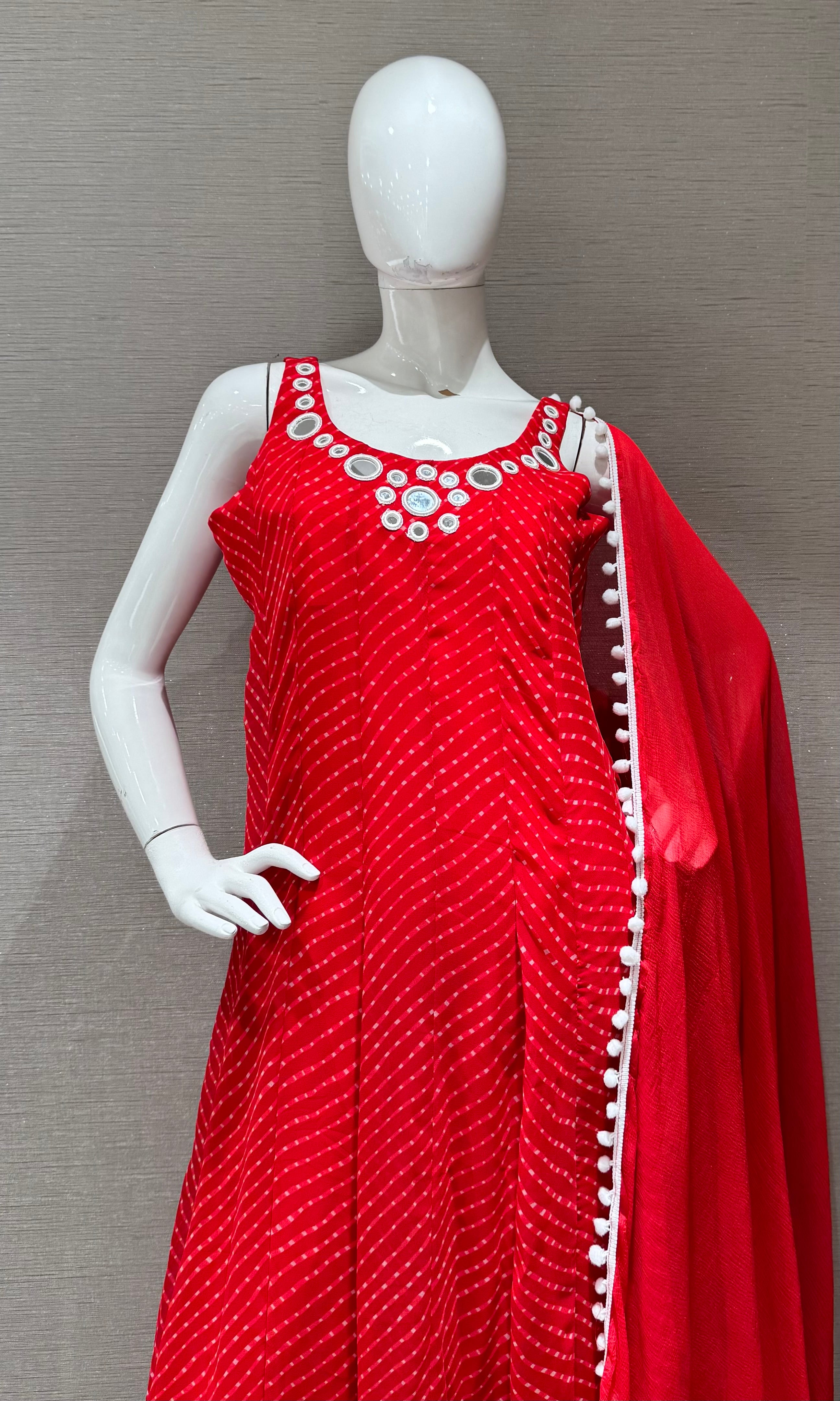 Red bandhani print and intricate mirror anarkali set