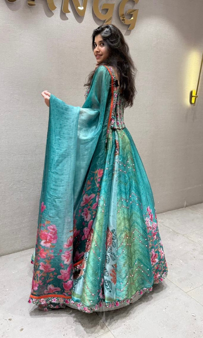 Teal BLUE Bloom Organza Lehenga