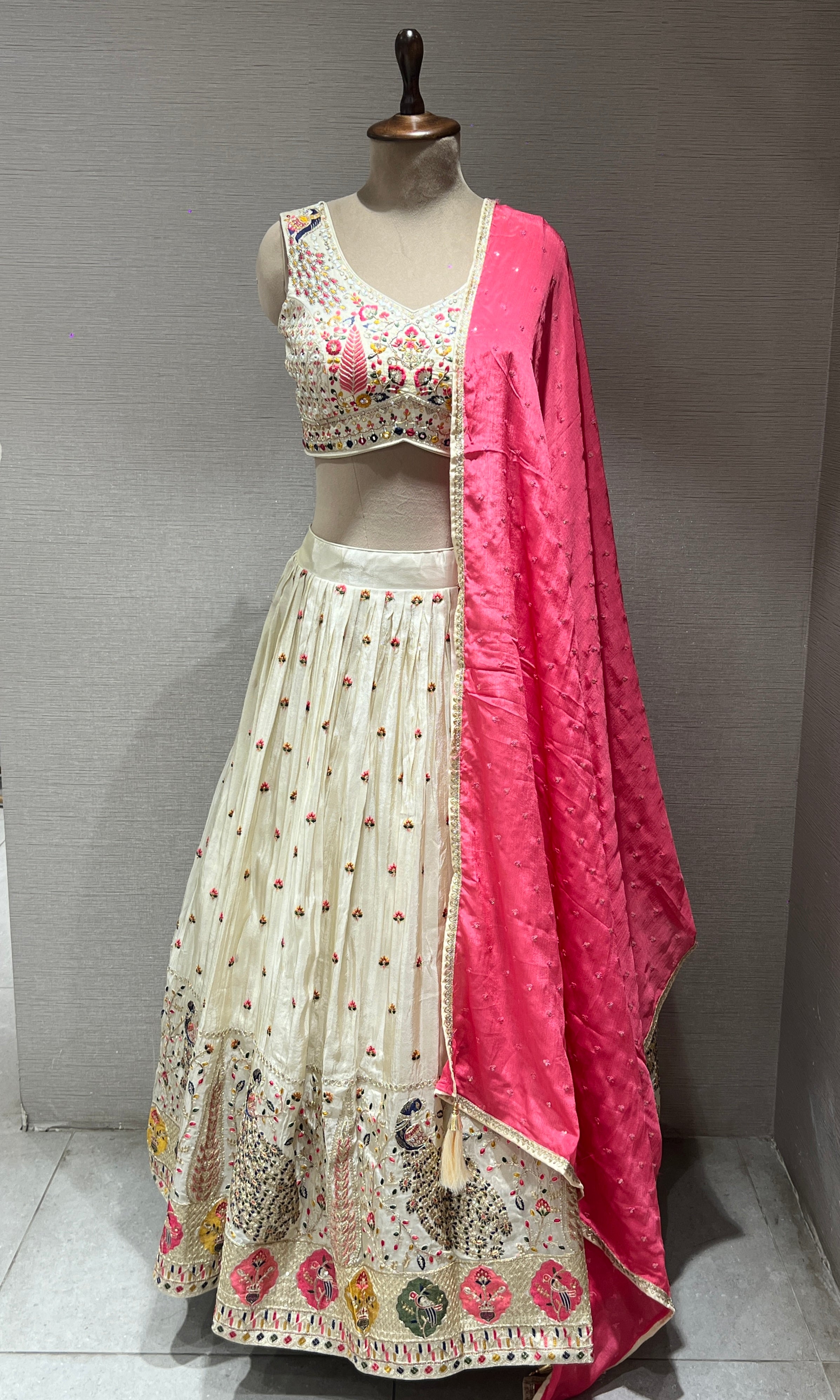 IVORY WHITE CREAM FLORAL EMBROIDERED LEHENGA