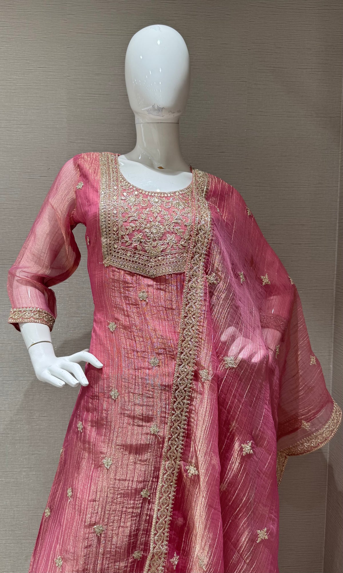 pink Shimmer Tissue Kurta Set with Gold Embroidery