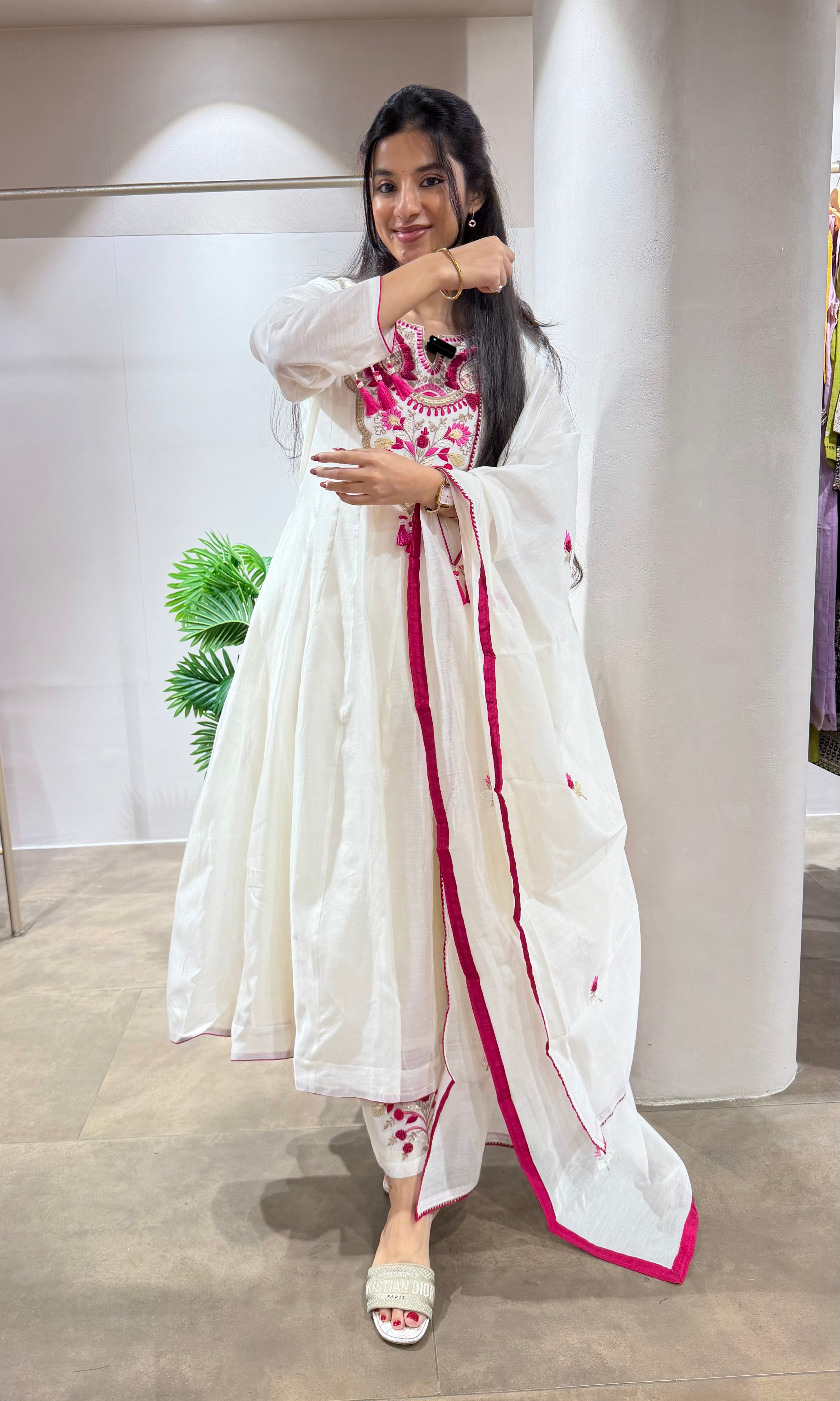 Half White Cotton Embroidery anarkali set