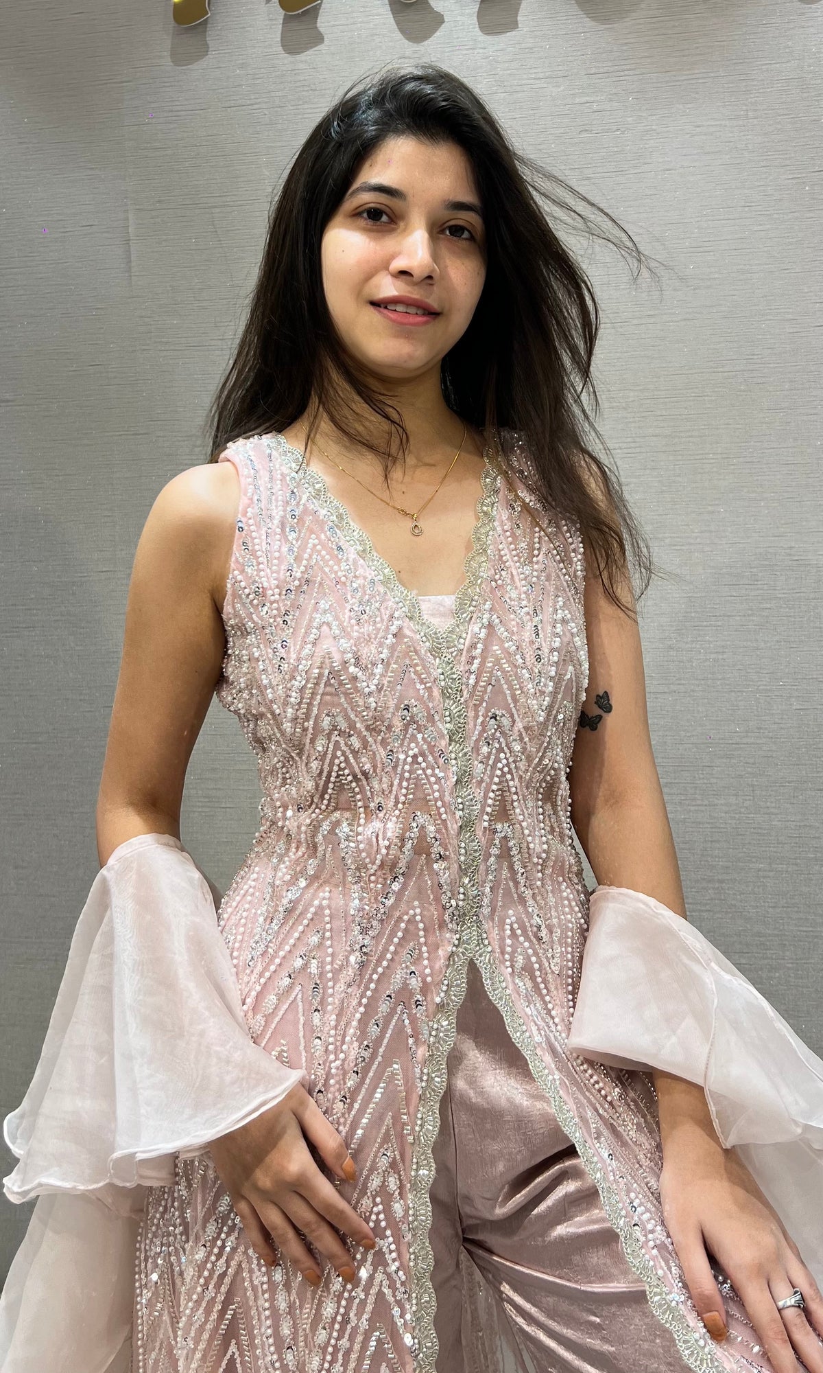 Rose Gold Sequined Peplum Palazzo Set with Organza Frill Dupatta