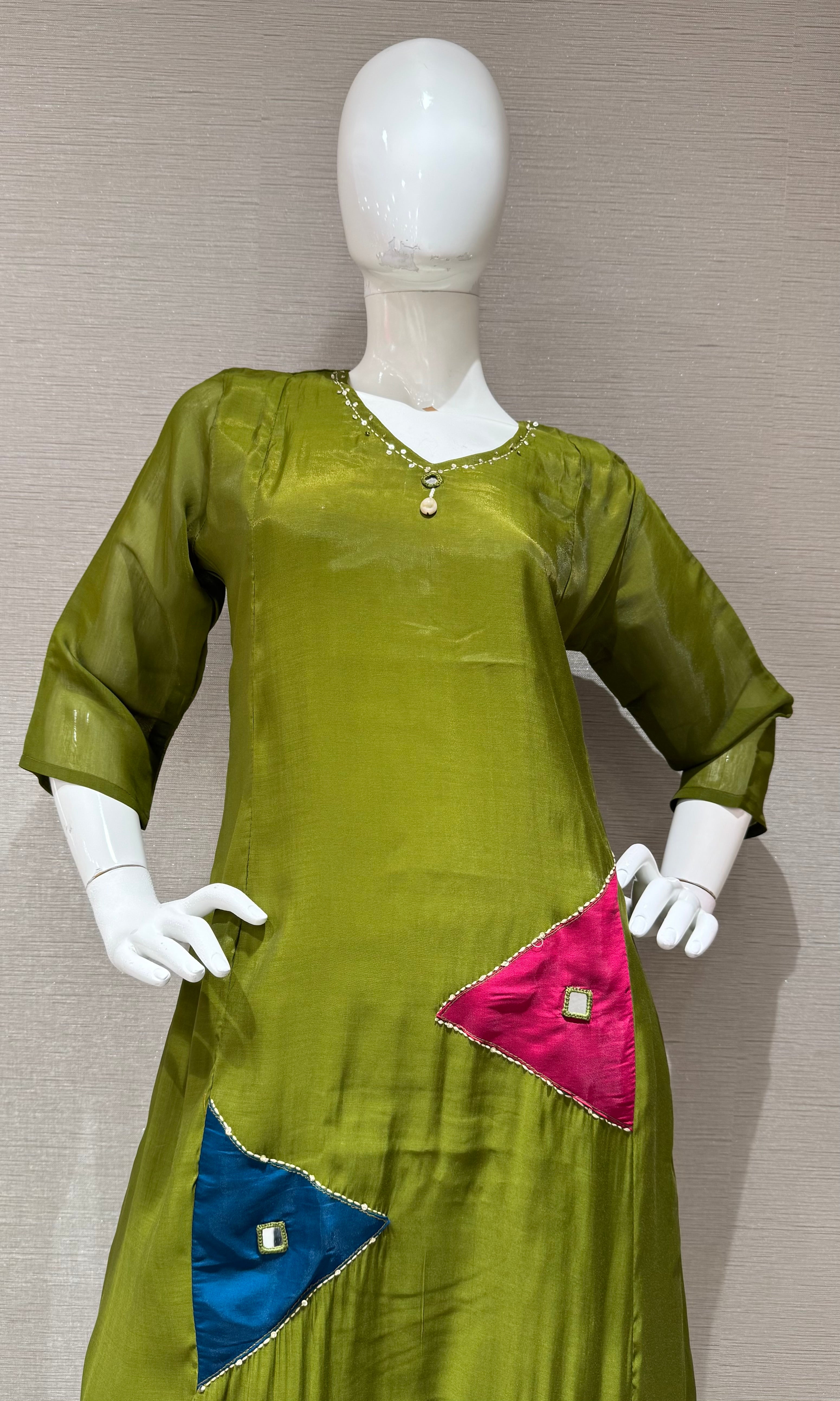 Olive Green Embroidered Kurta Set with Sheer Overlay