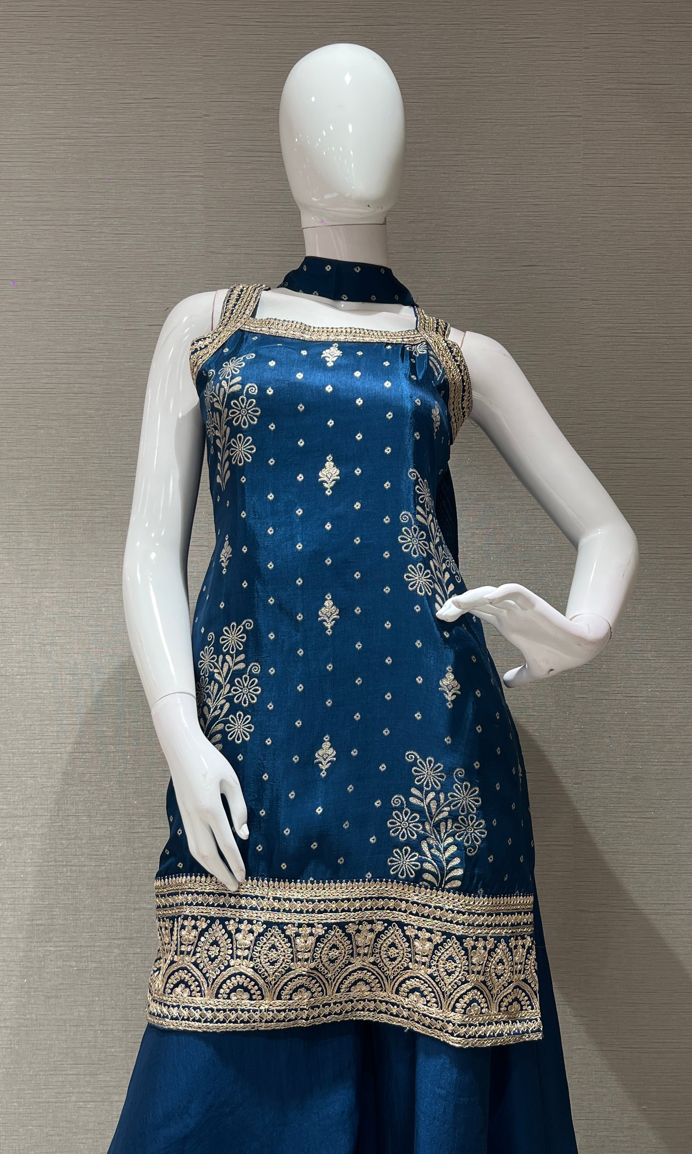 BLUE GOLD EMBROIDERED SHARARA SET