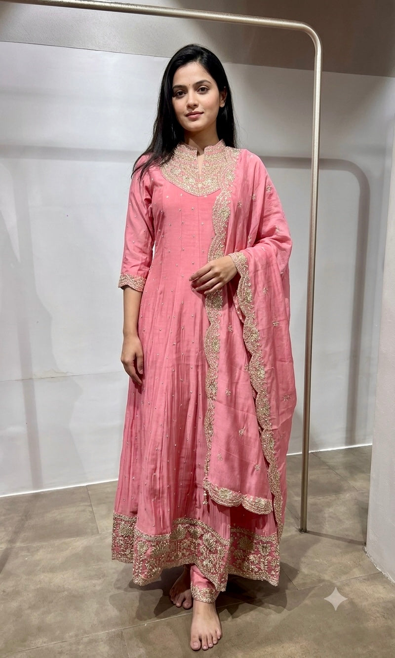 blush pink Silk Anarkali Suit Set with Scallop Dupatta