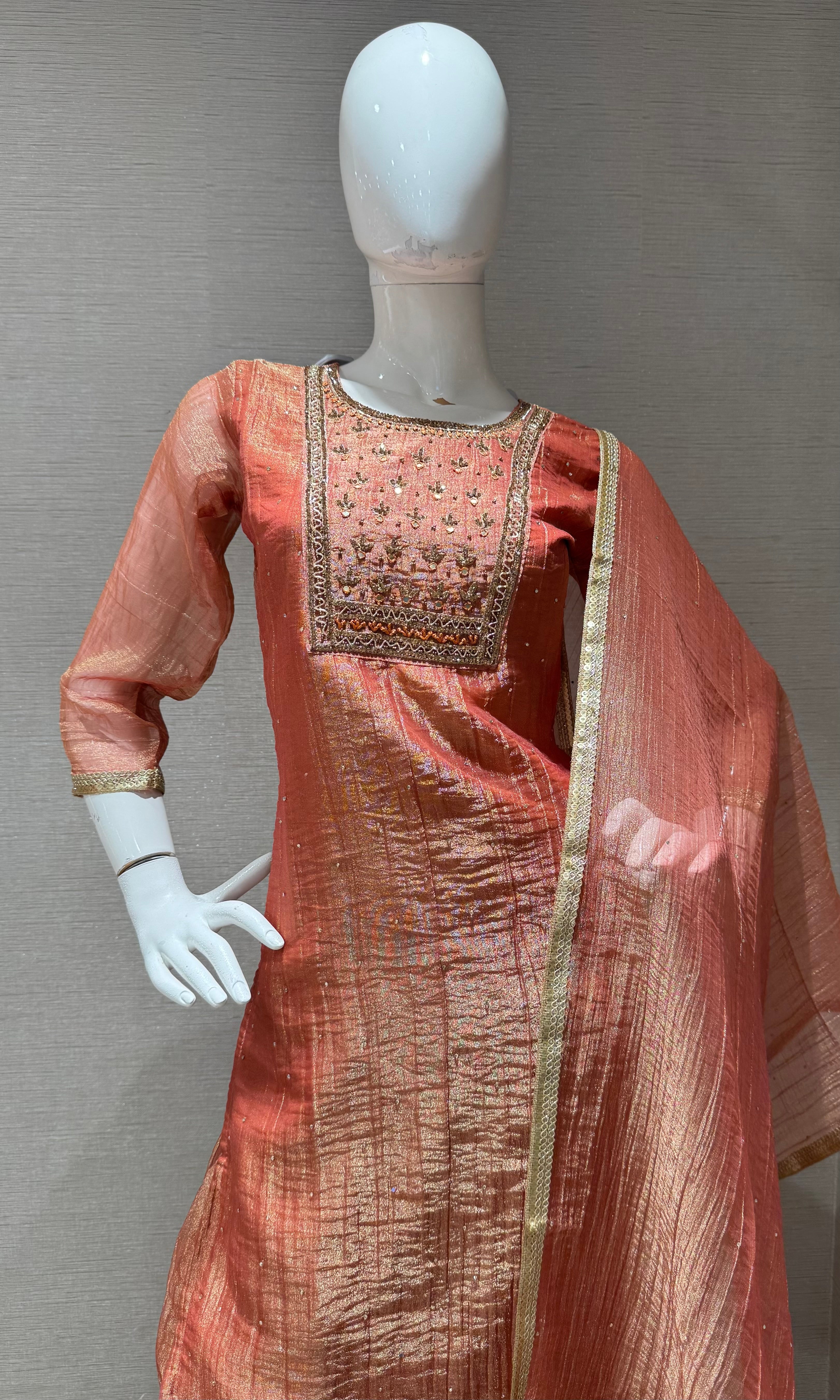 Rust Tissue silk Salwar Kurta with Palazzo pants