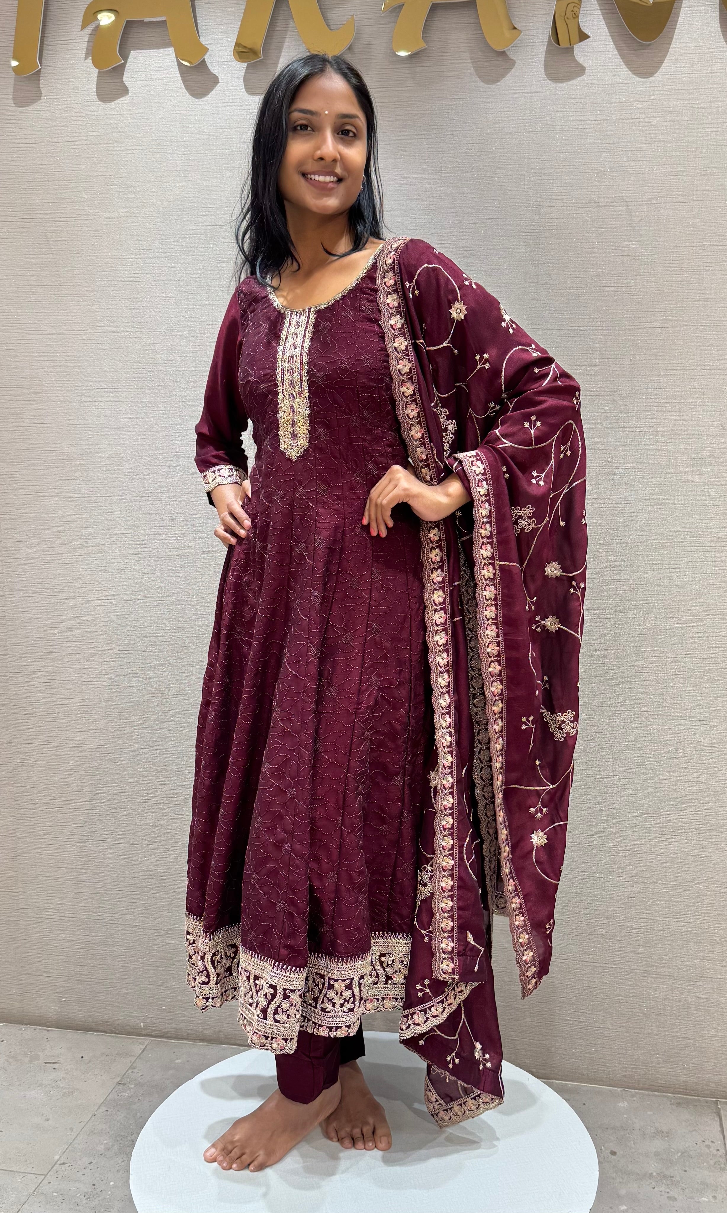 Wine intricate gold embroidery anarkali set