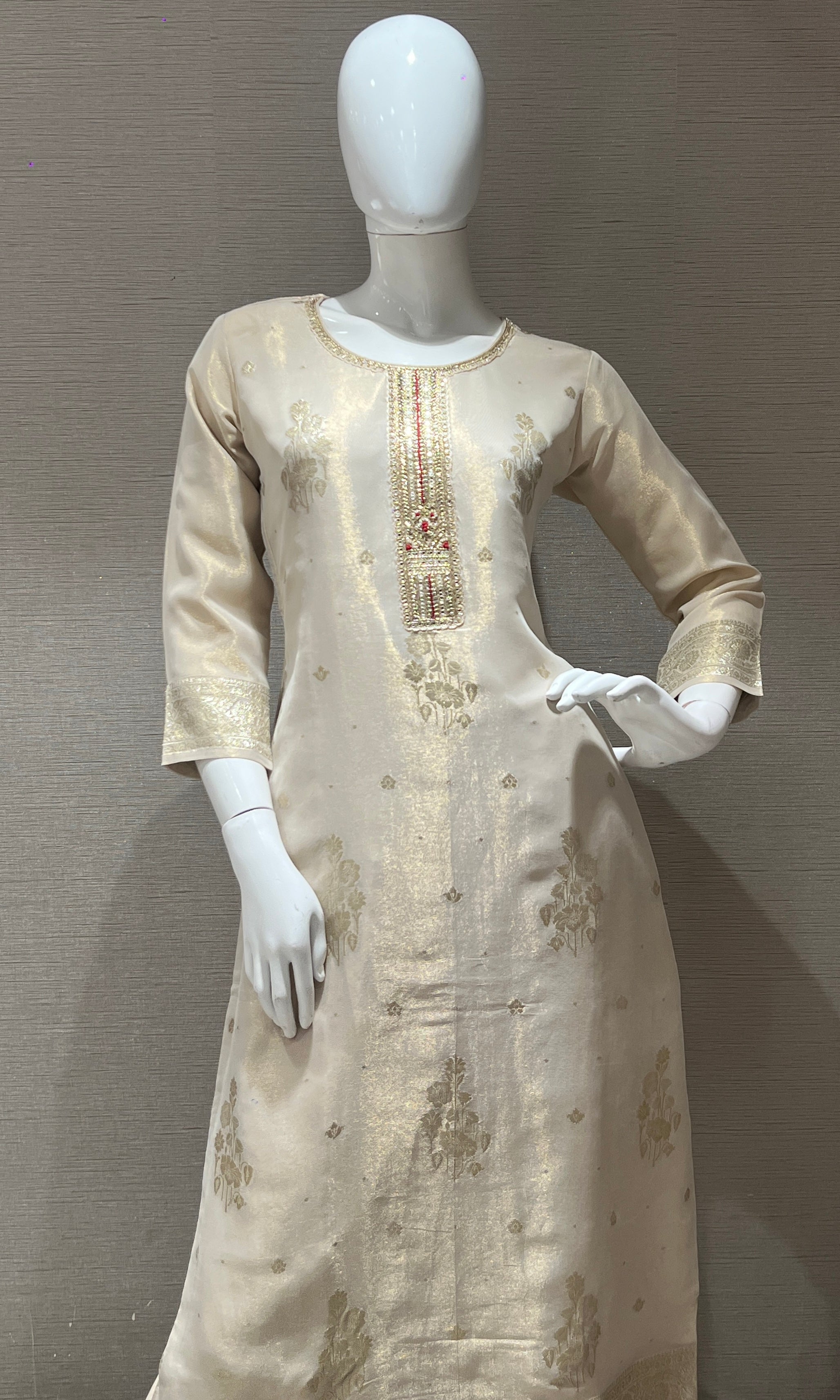 Beige Chanderi Embroidered Kurta Set