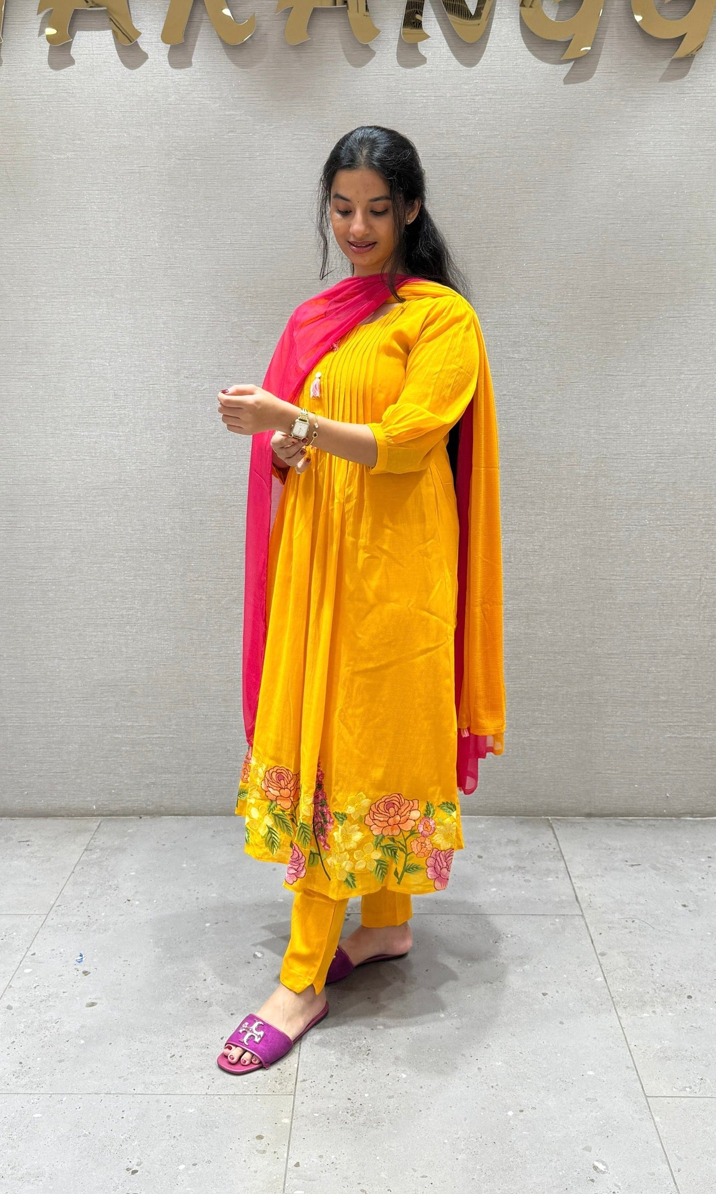 Yellow Flower Mul Chanderi kurta set