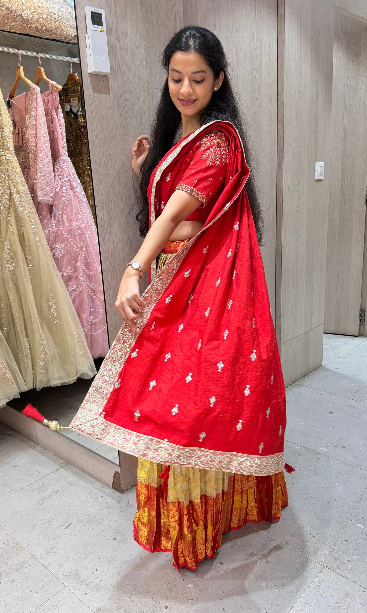Red and gold banarasi pattu lehenga set