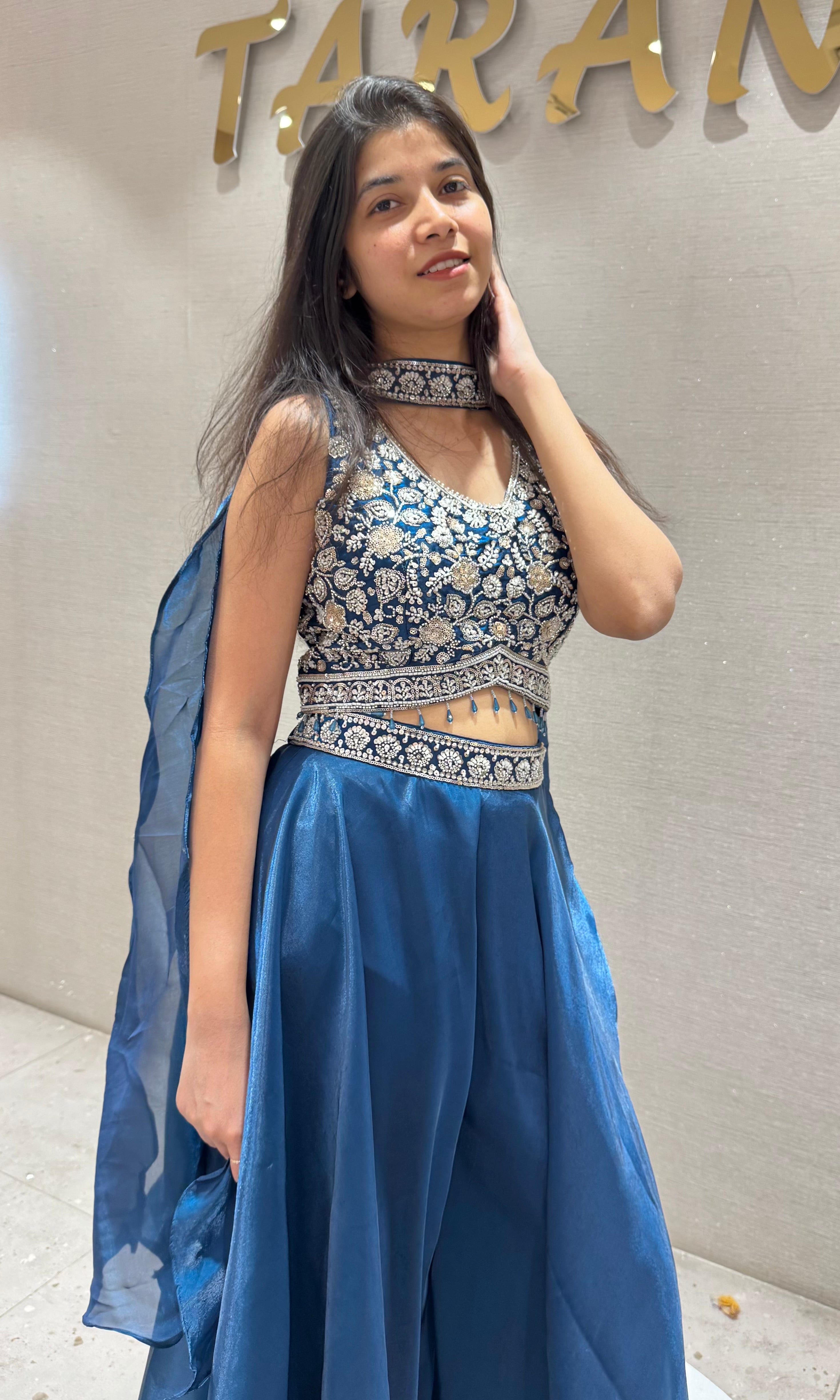 Teal Blue embroidered Crop Top Palazzo set