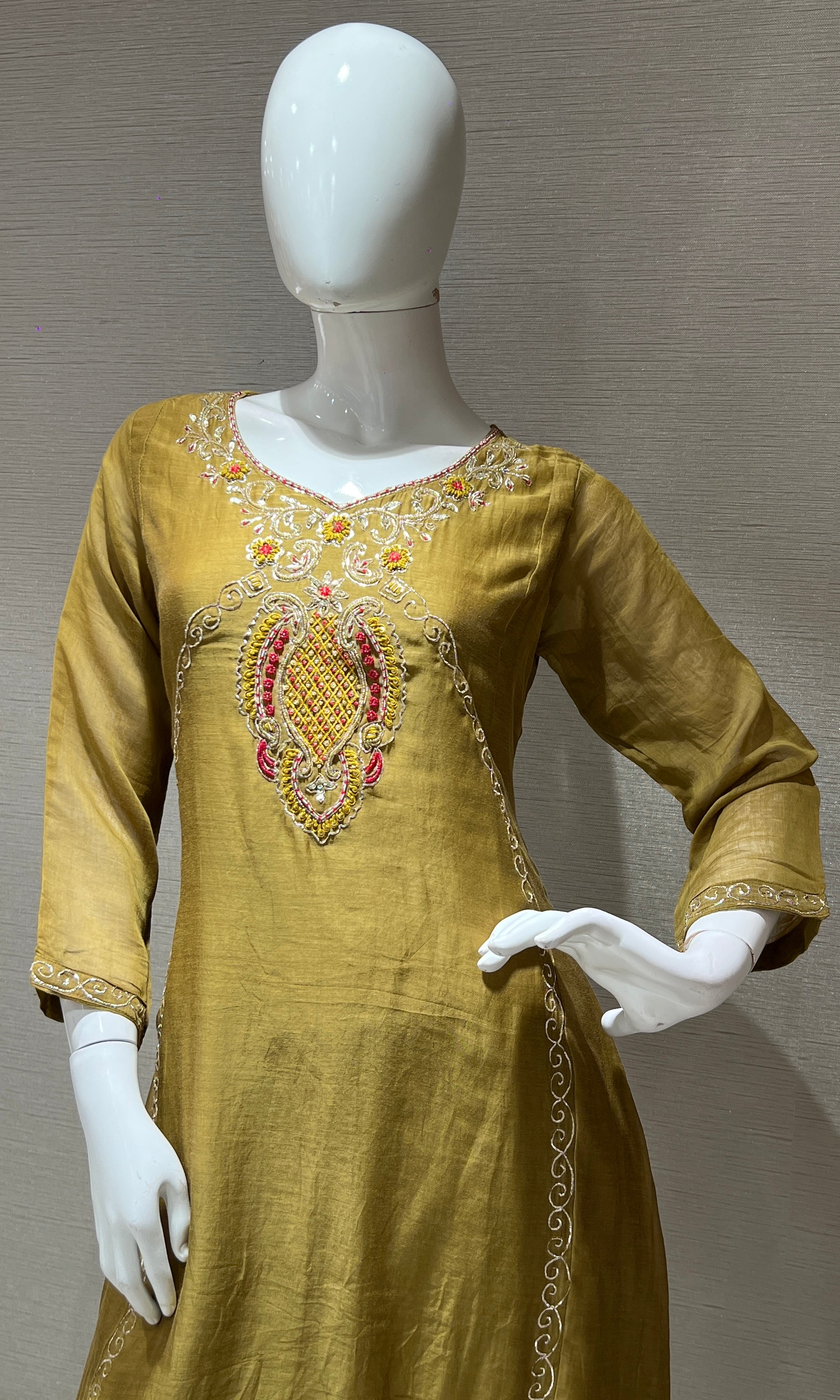 olive green embroidered MUL CHANDERI kurta set